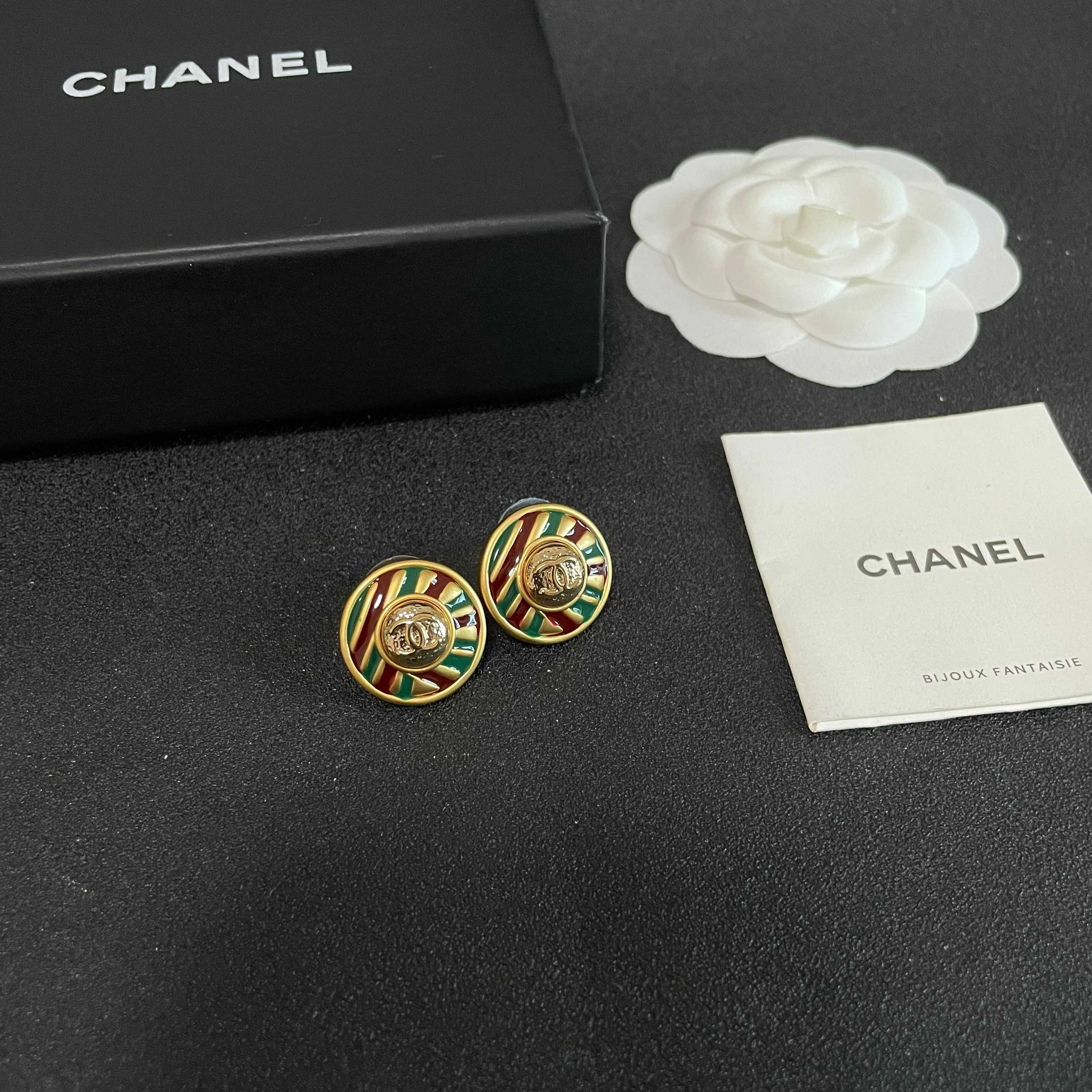 Chanel CC Logo Striped Enamel Button Earrings earrings Gold-tone metal with green burgundy and gold enamel 1 8cm diameter