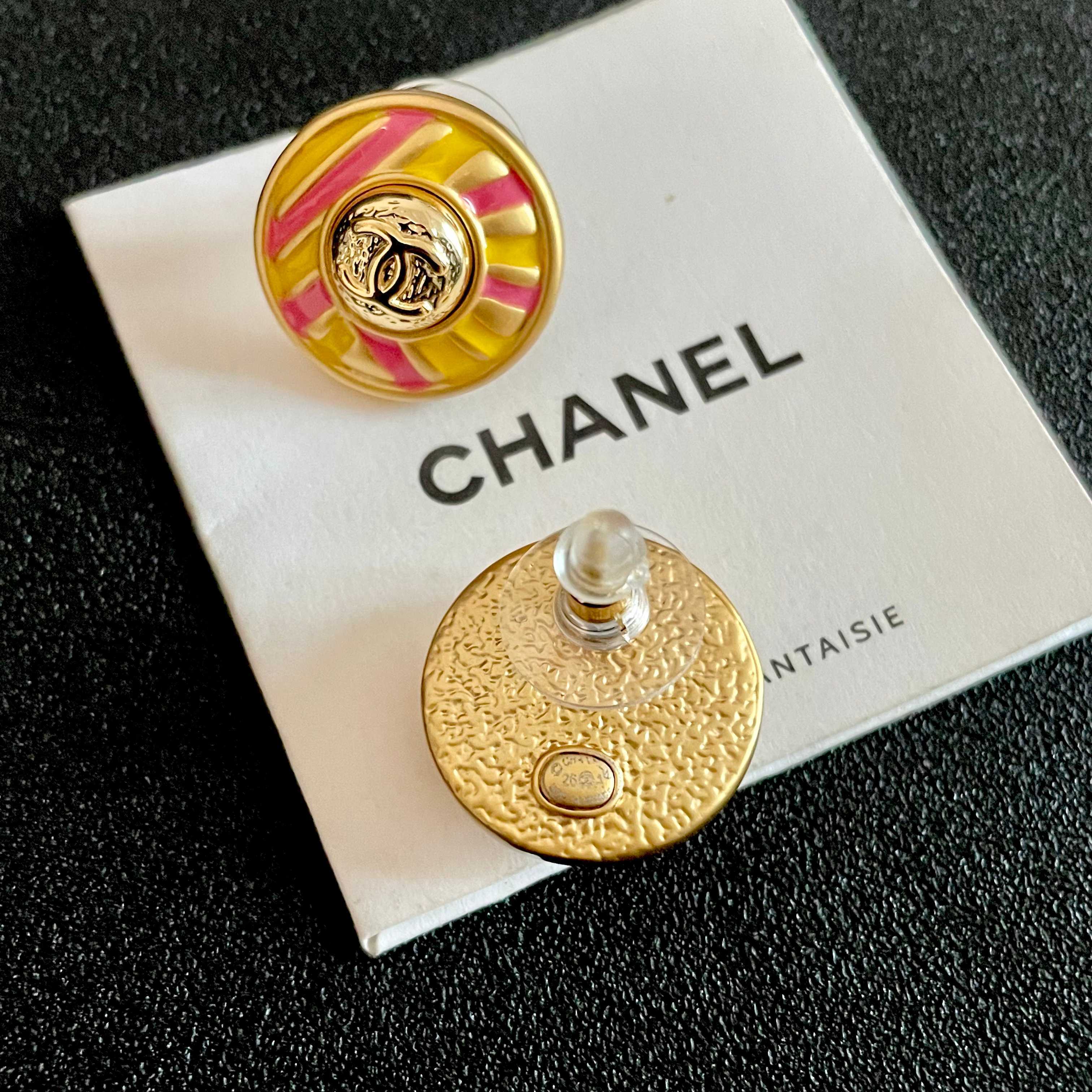 Chanel CC Logo Candy Stripe Button Stud Earrings earrings Gold-tone metal with yellow and pink enamel 1 8cm diameter