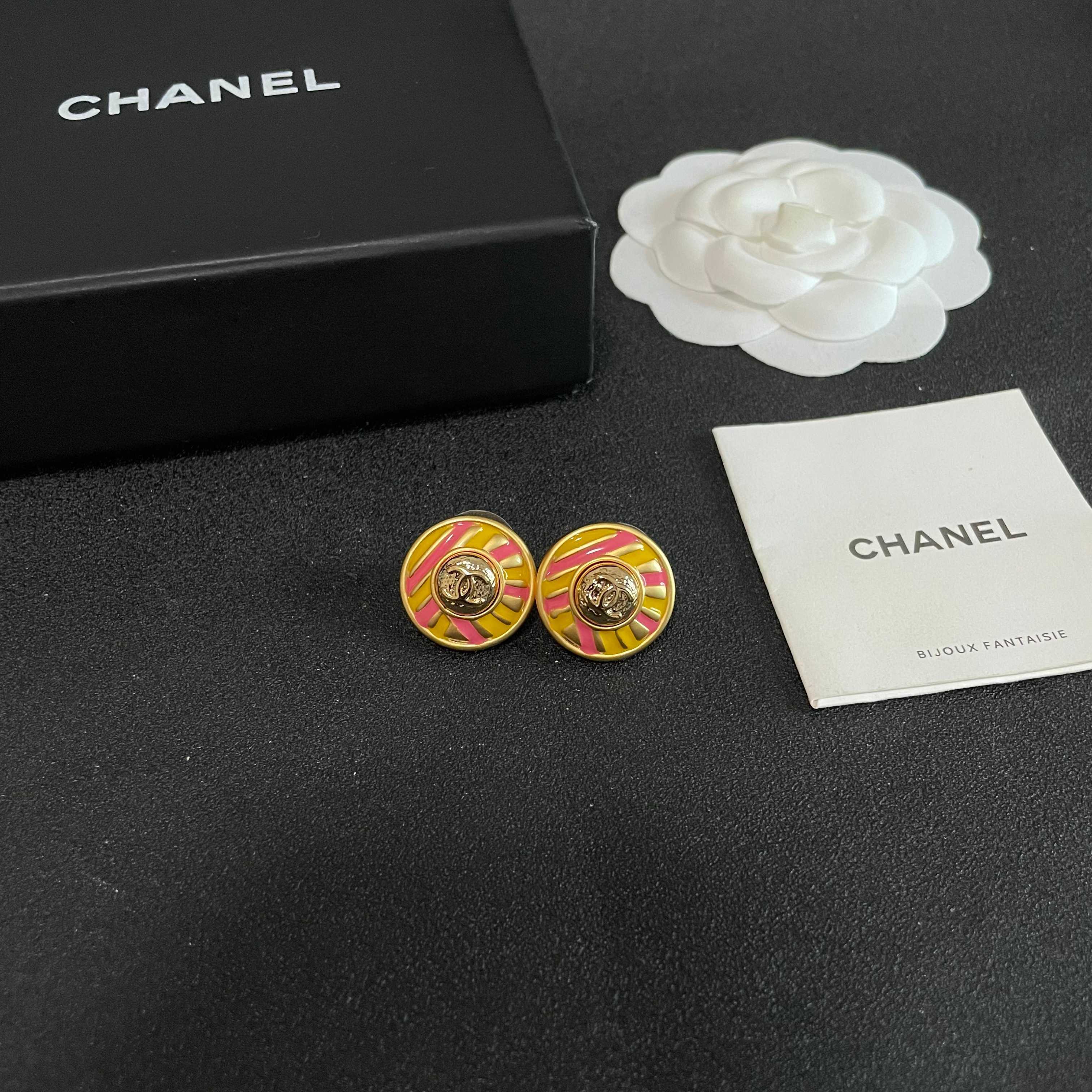 Chanel CC Logo Candy Stripe Button Stud Earrings earrings Gold-tone metal with yellow and pink enamel 1 8cm diameter