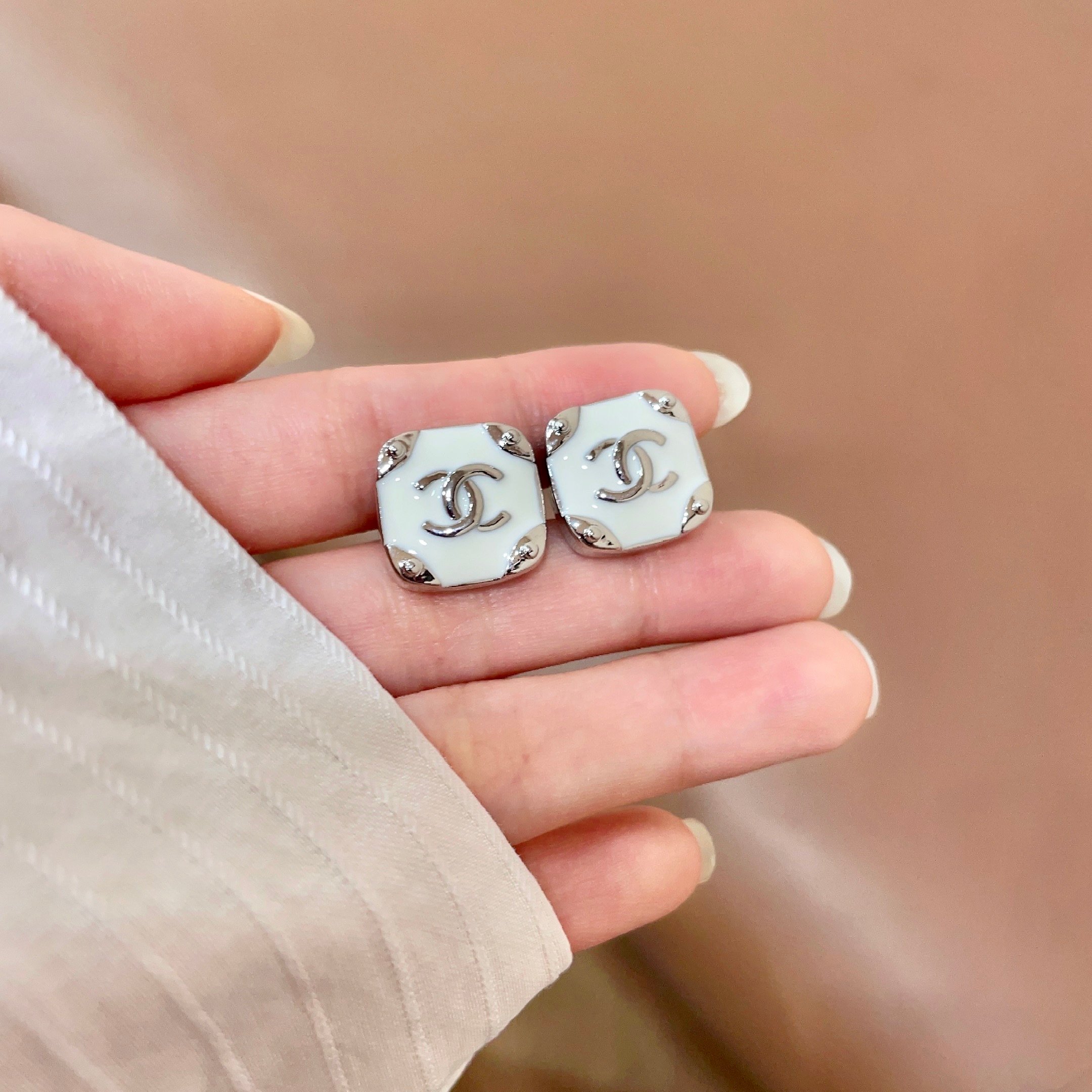 Chanel CC Logo Square Stud Earrings earrings Silver-tone metal with black and white enamel 1 2cm stud diameter