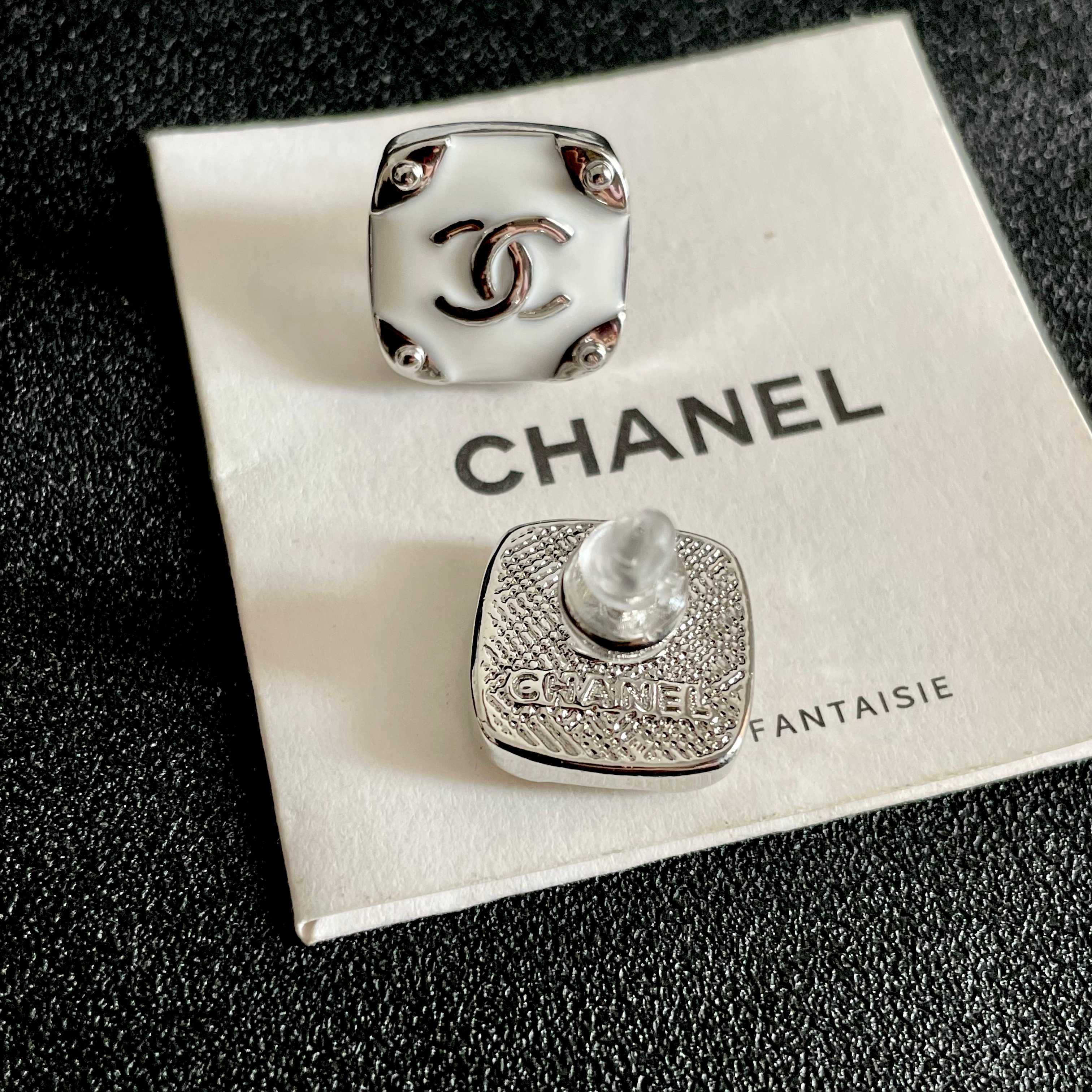 Chanel CC Logo Square Stud Earrings earrings Silver-tone metal with black and white enamel 1 2cm stud diameter