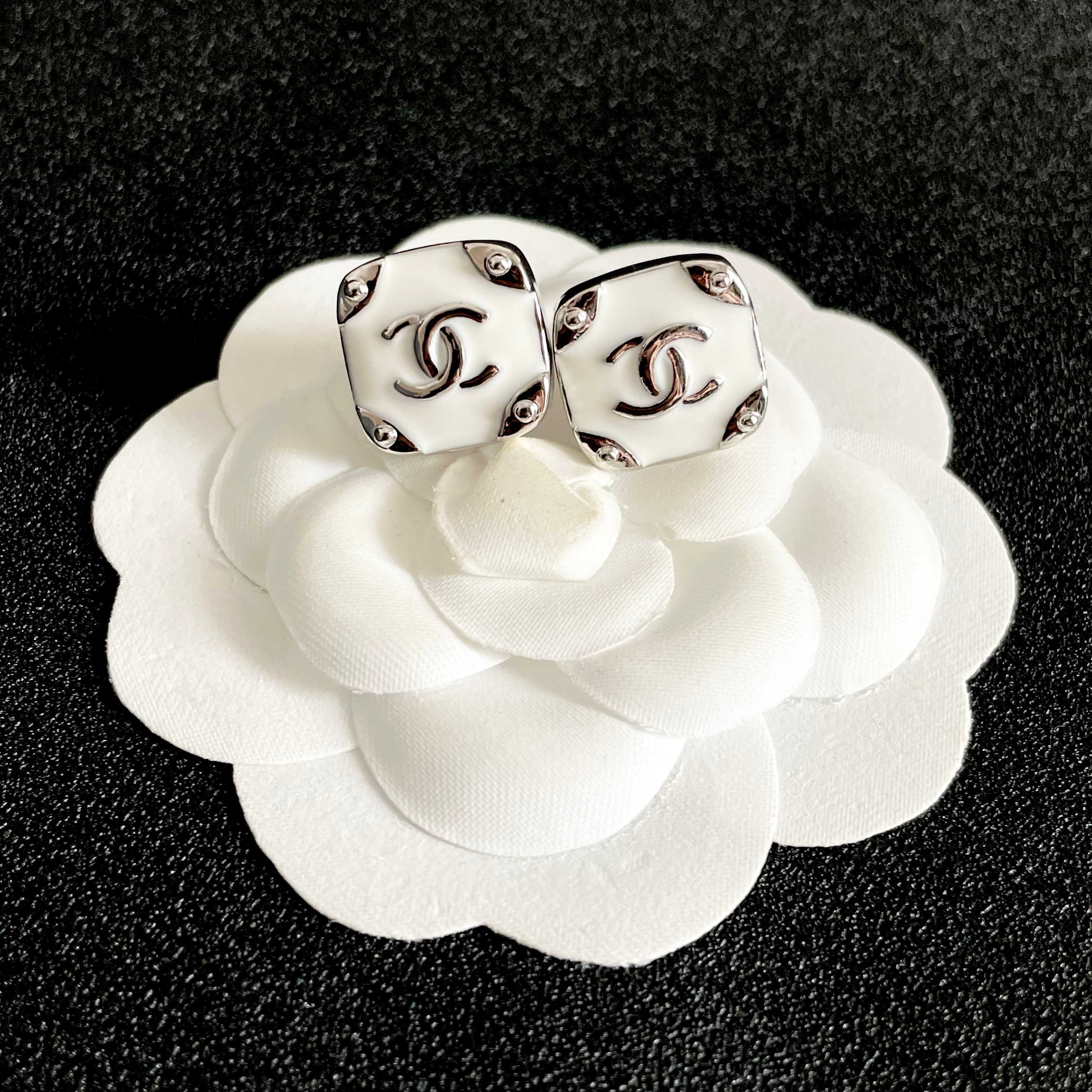 Chanel CC Logo Square Stud Earrings earrings Silver-tone metal with black and white enamel 1 2cm stud diameter