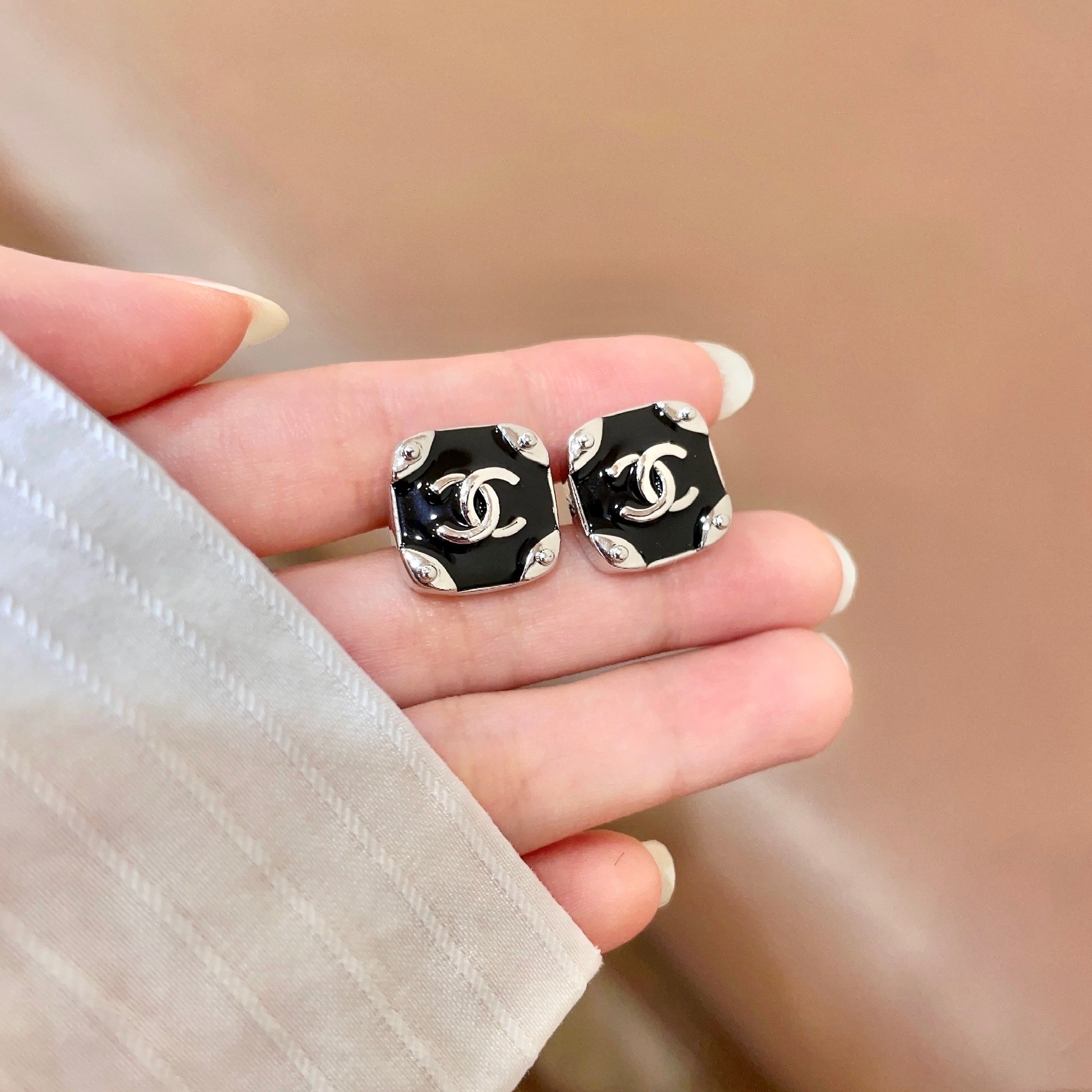 Chanel CC Logo Square Stud Earrings earrings silver-tone metal with black enamel 1 2cm diameter