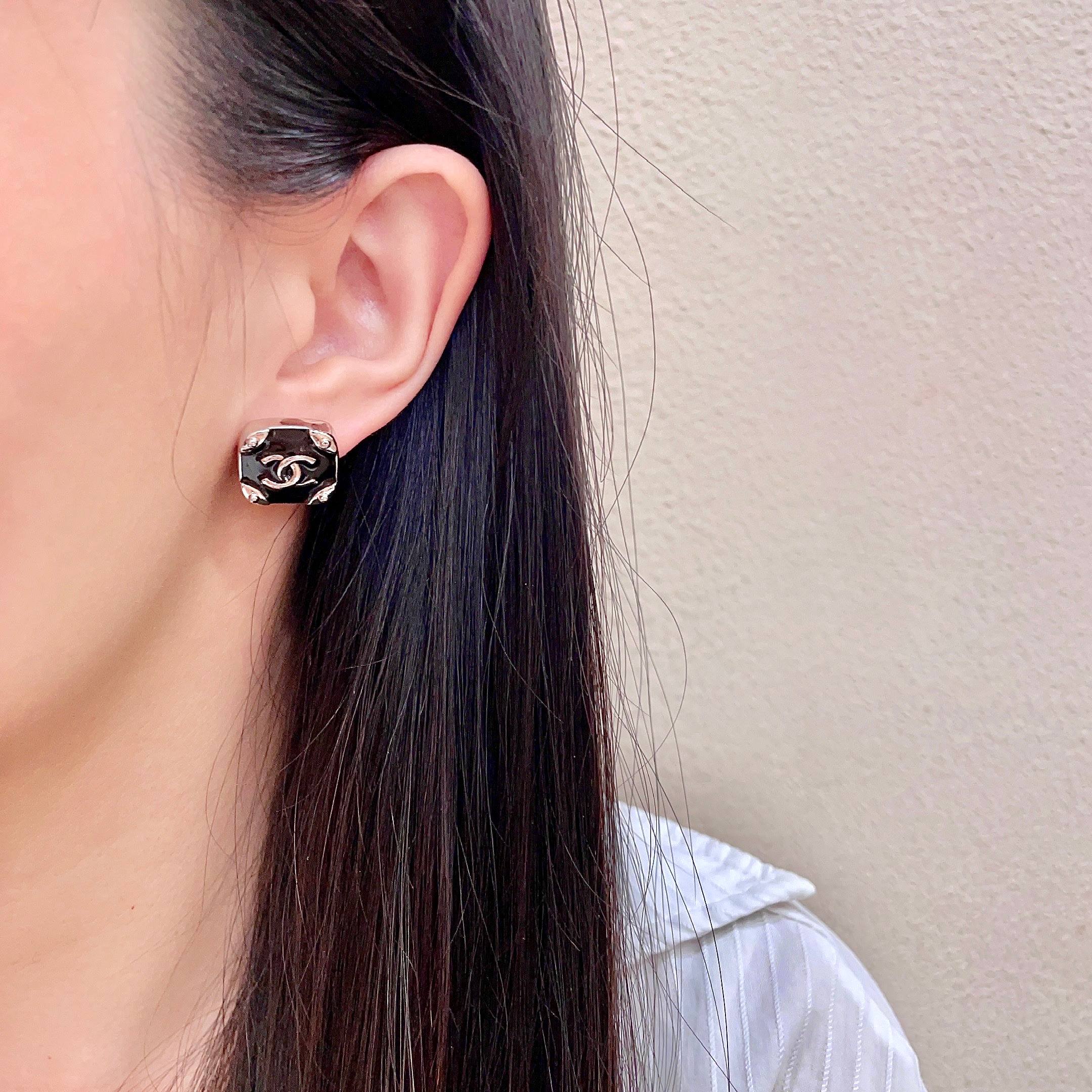 Chanel CC Logo Square Stud Earrings earrings silver-tone metal with black enamel 1 2cm diameter