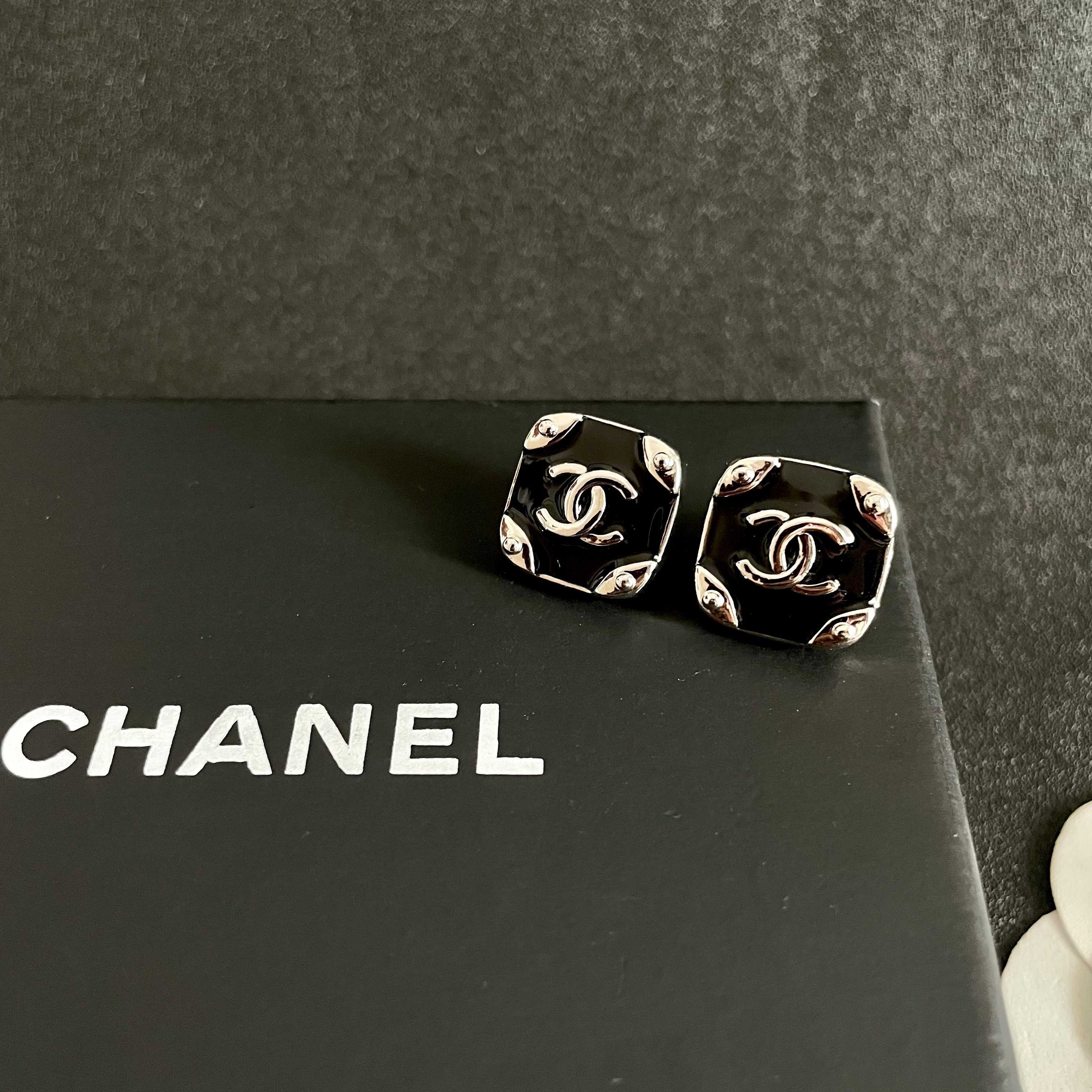 Chanel CC Logo Square Stud Earrings earrings silver-tone metal with black enamel 1 2cm diameter