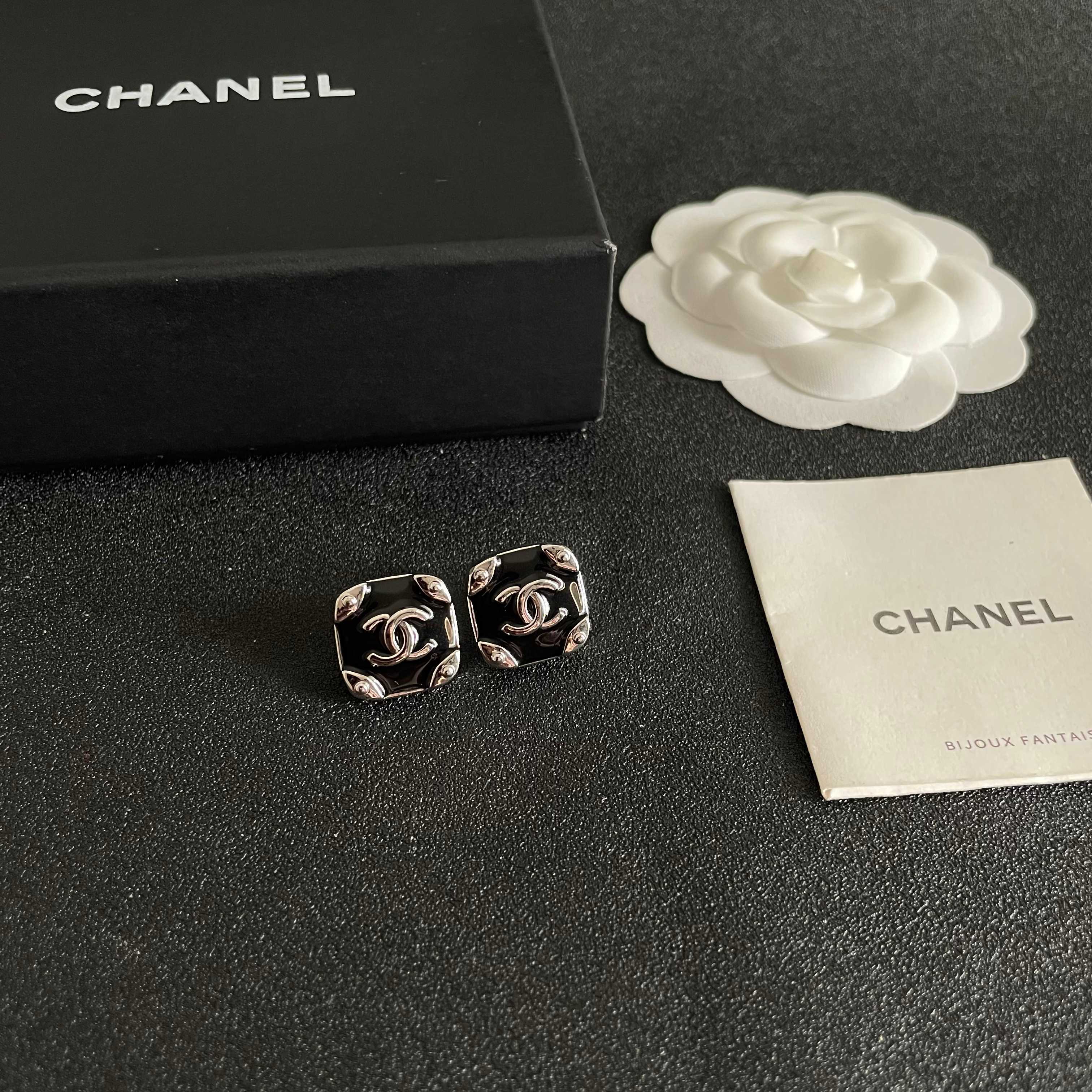 Chanel CC Logo Square Stud Earrings earrings silver-tone metal with black enamel 1 2cm diameter