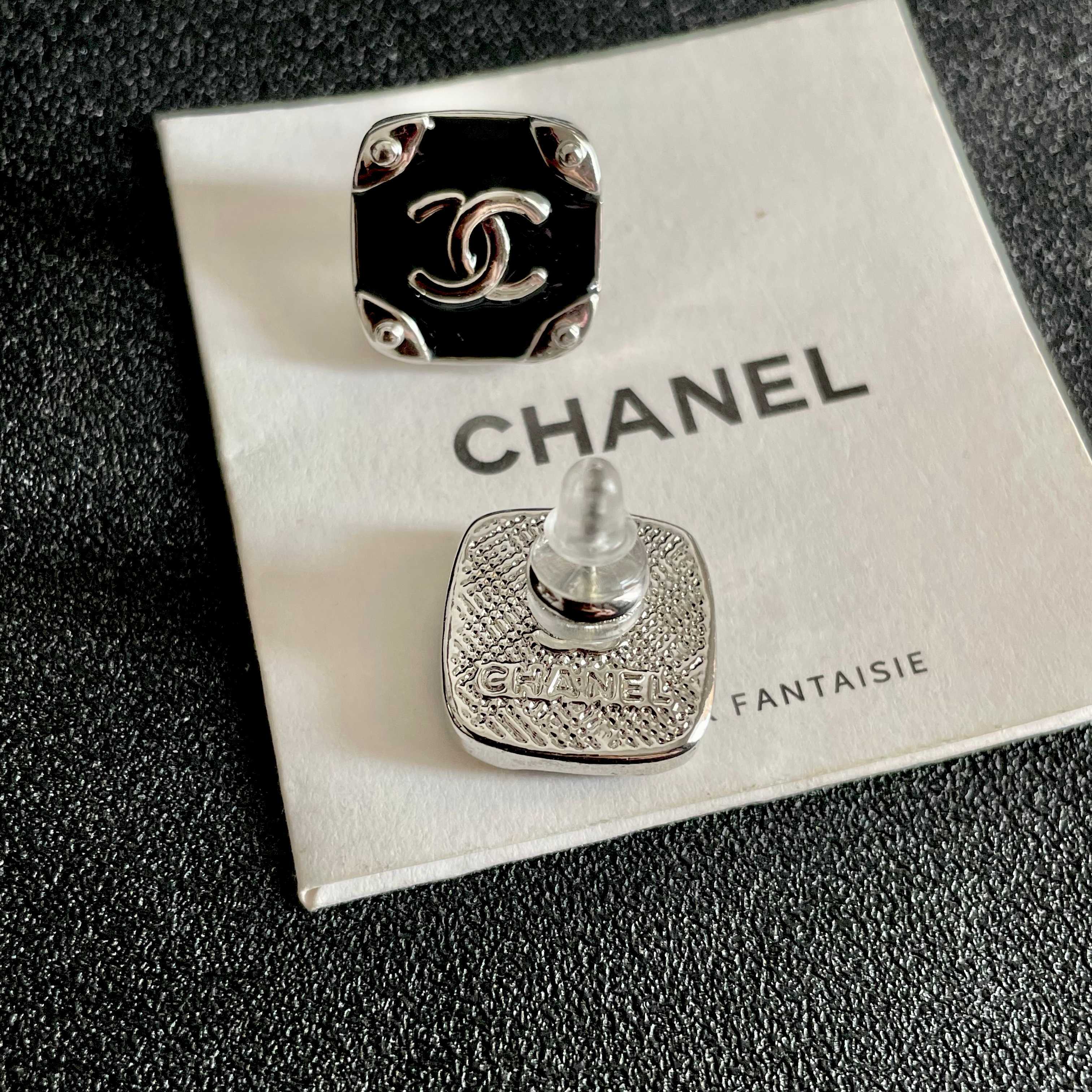 Chanel CC Logo Square Stud Earrings earrings silver-tone metal with black enamel 1 2cm diameter