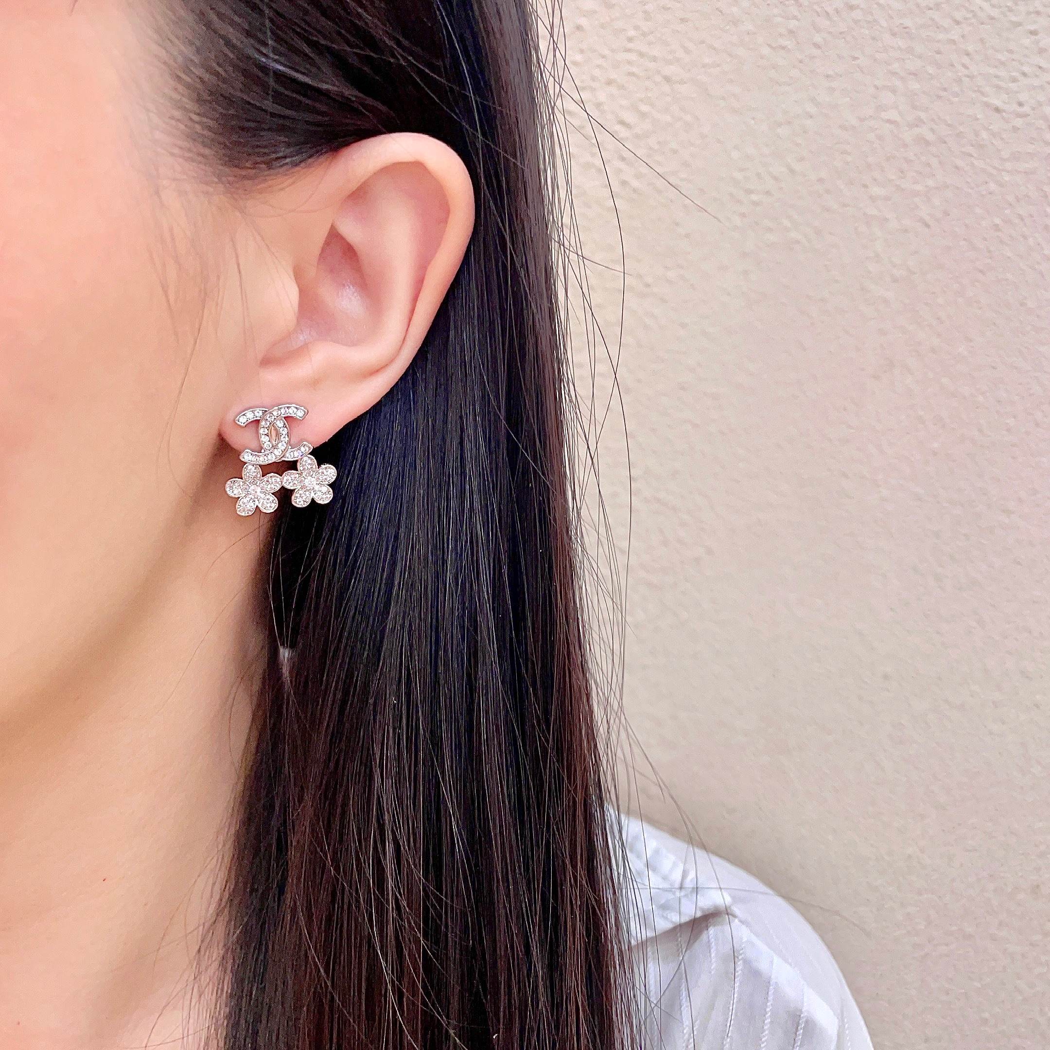 Chanel CC Logo Flower Drop Earrings earrings Silver-tone metal with clear crystal accents Gold-tone metal with clear crystal accents 1 5cm drop length