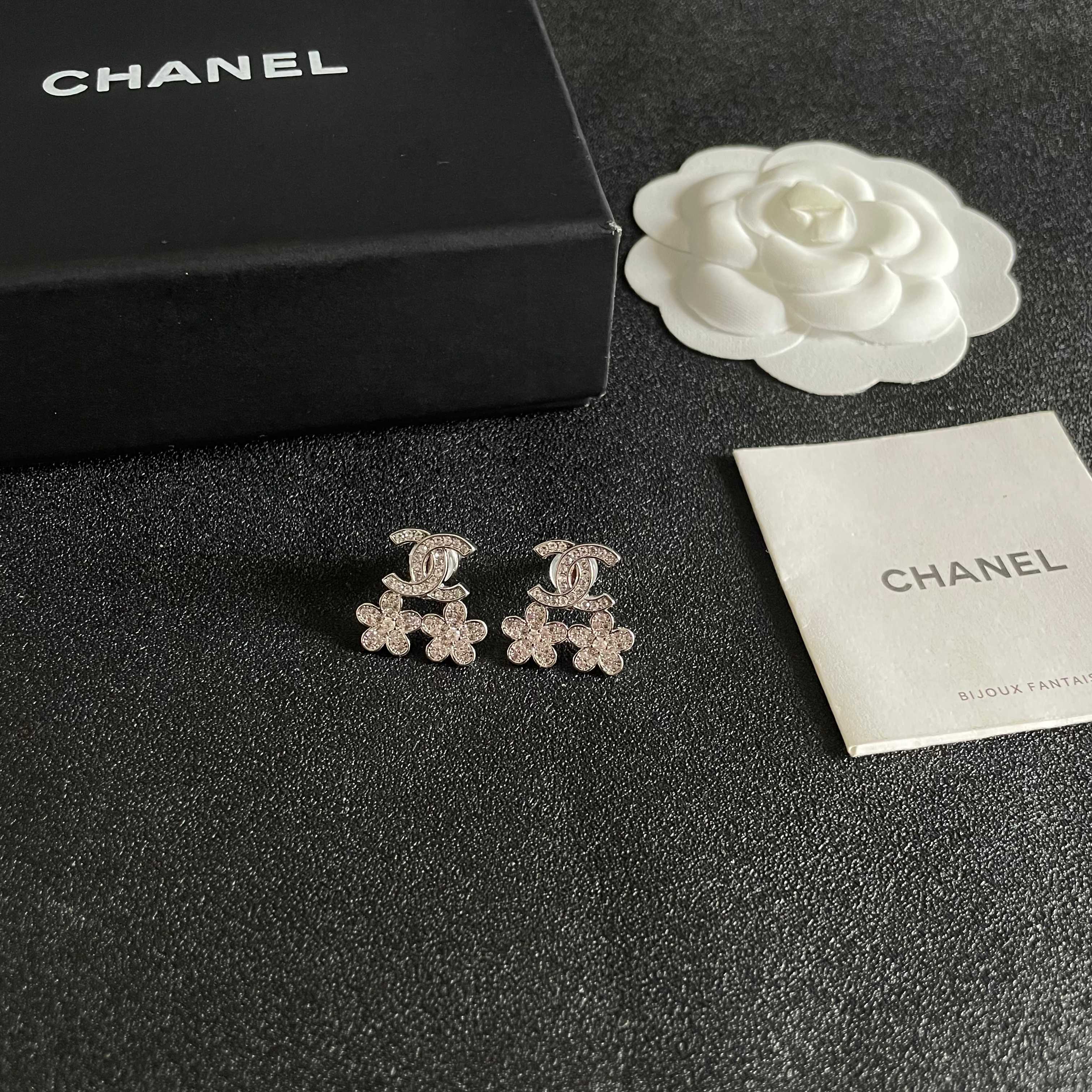 Chanel CC Logo Flower Drop Earrings earrings Silver-tone metal with clear crystal accents Gold-tone metal with clear crystal accents 1 5cm drop length