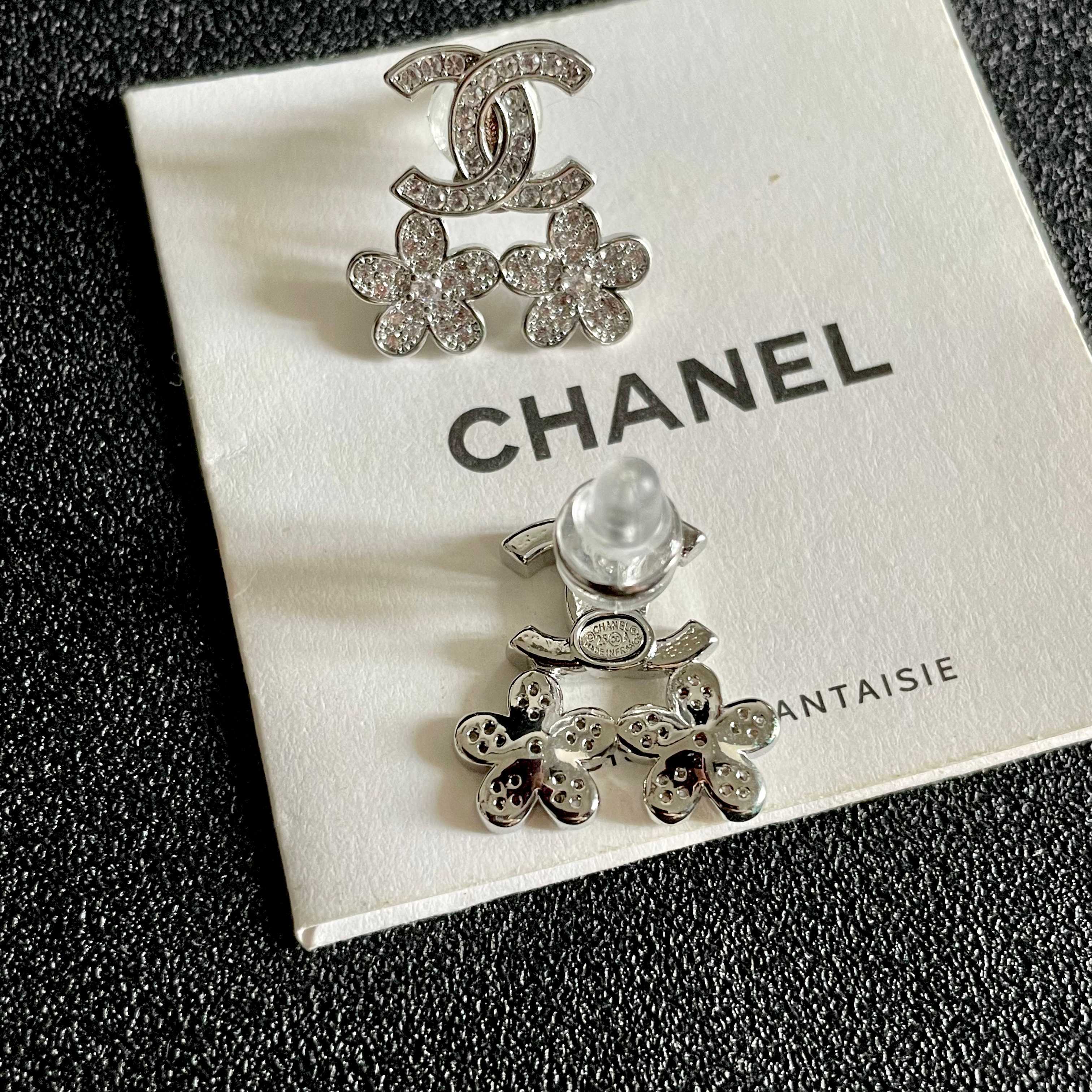 Chanel CC Logo Flower Drop Earrings earrings Silver-tone metal with clear crystal accents Gold-tone metal with clear crystal accents 1 5cm drop length