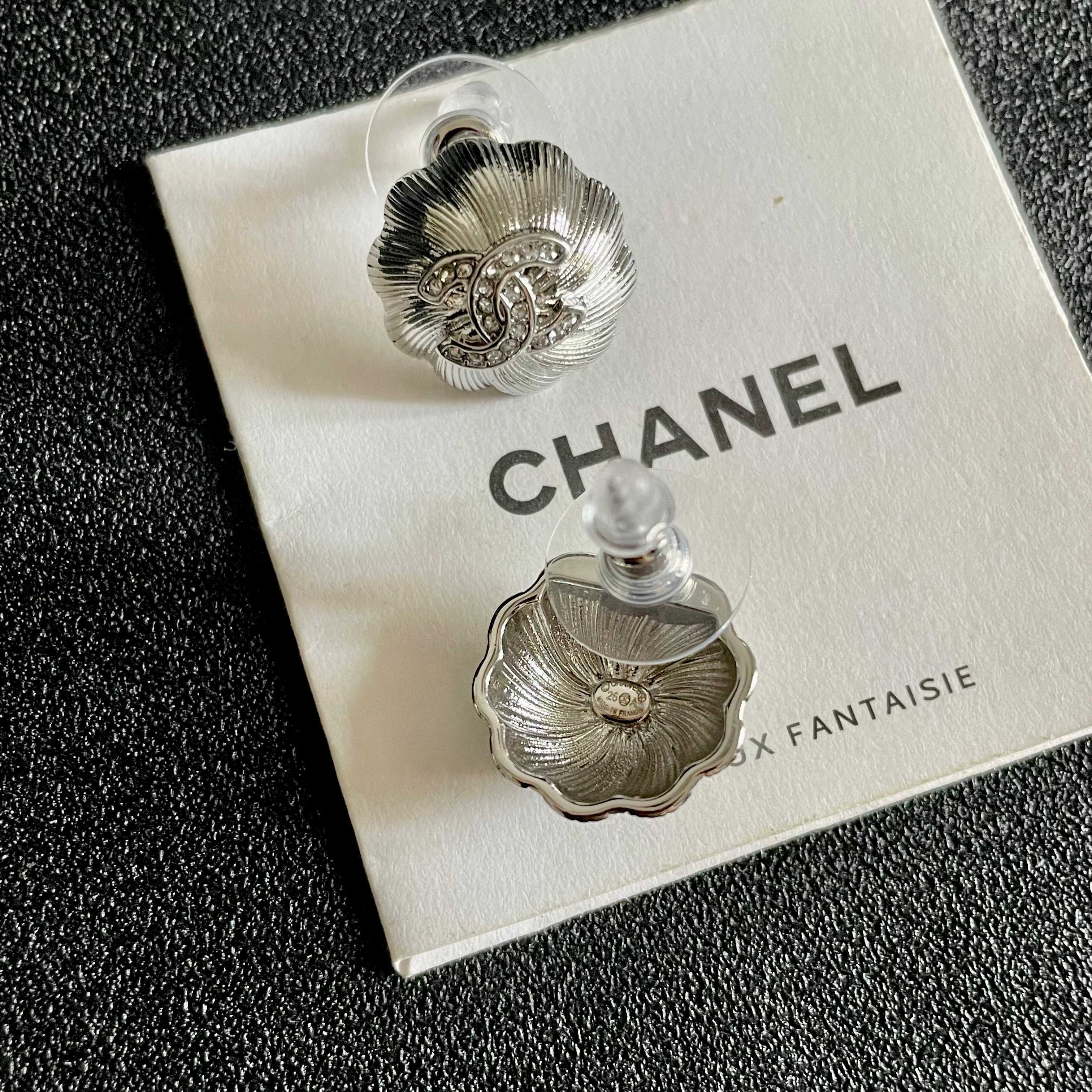 Chanel CC Camellia Stud Earrings earrings Gold-tone metal with clear crystal accents Silver-tone metal with clear crystal accents 1 2cm diameter