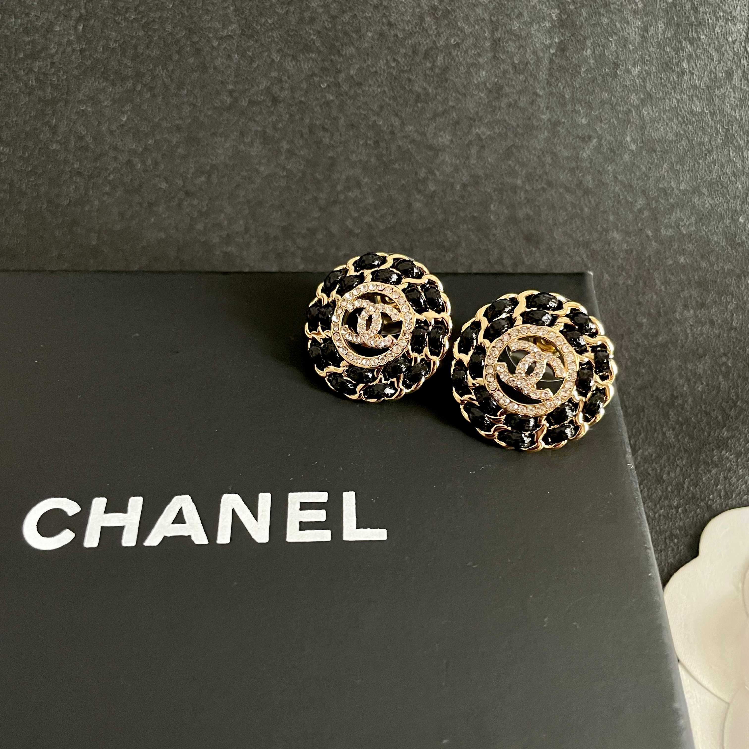 Chanel CC Logo Round Chain-Embellished Stud Earrings earrings Gold-tone metal with black resin accents and clear crystal detailing 1 8cm diameter