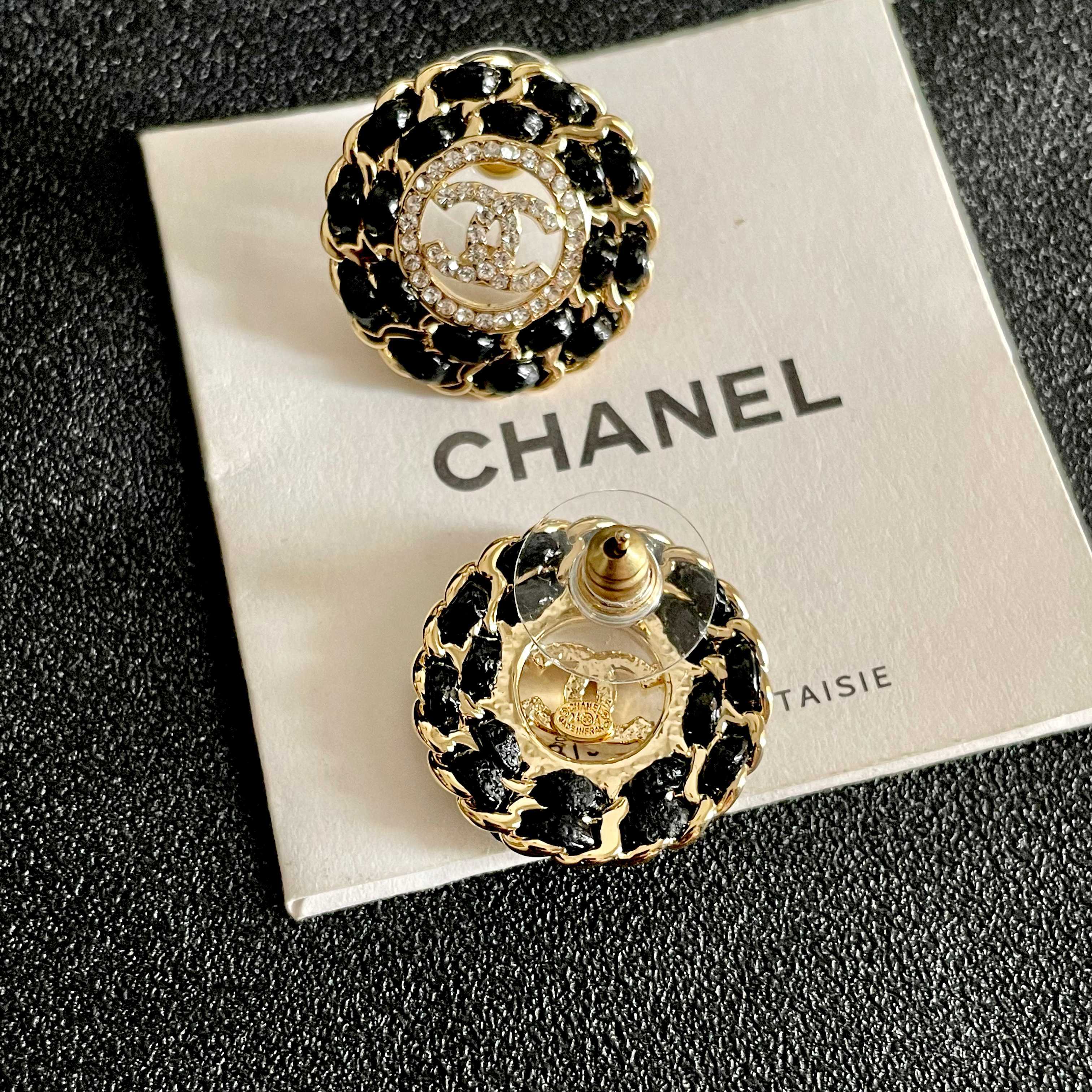Chanel CC Logo Round Chain-Embellished Stud Earrings earrings Gold-tone metal with black resin accents and clear crystal detailing 1 8cm diameter