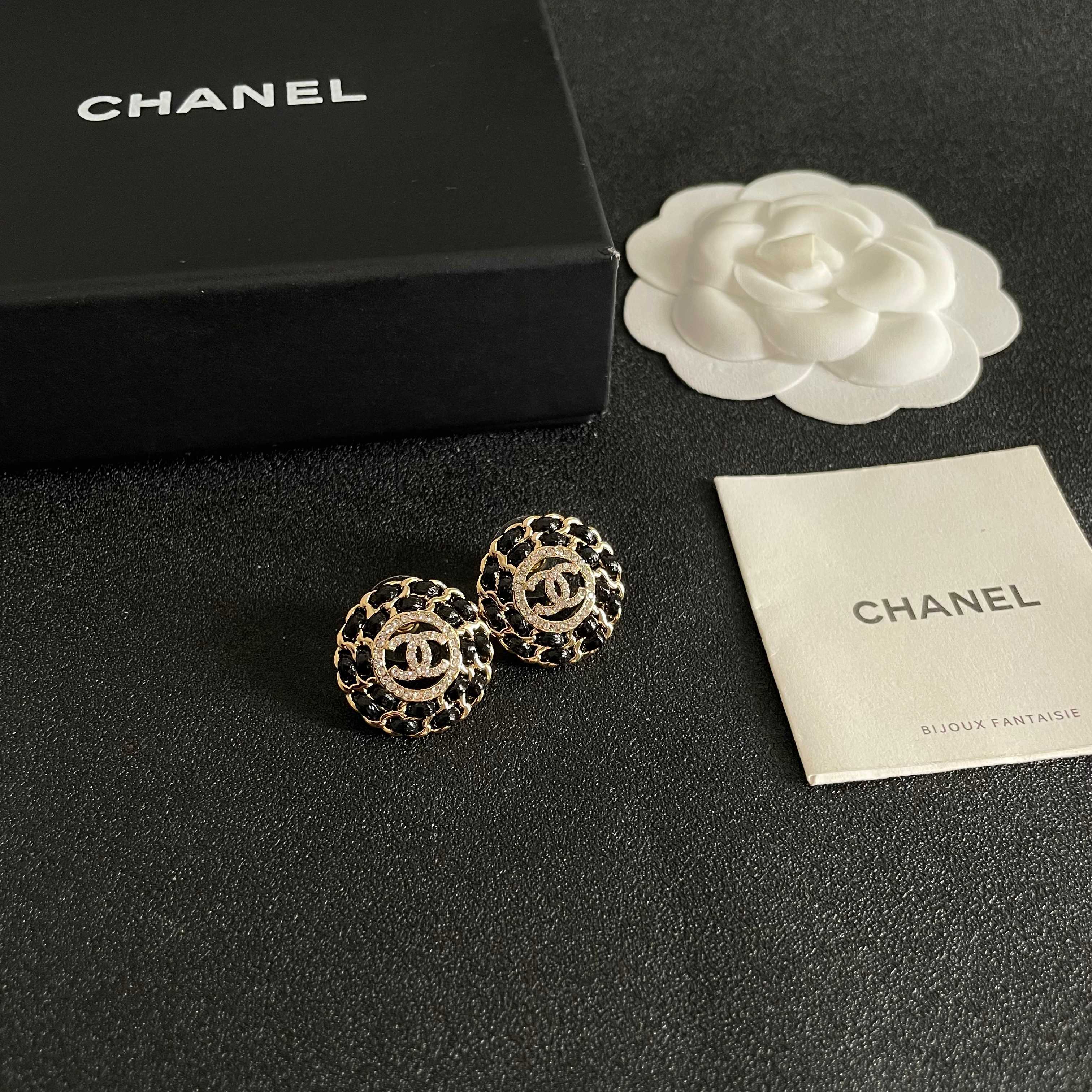 Chanel CC Logo Round Chain-Embellished Stud Earrings earrings Gold-tone metal with black resin accents and clear crystal detailing 1 8cm diameter