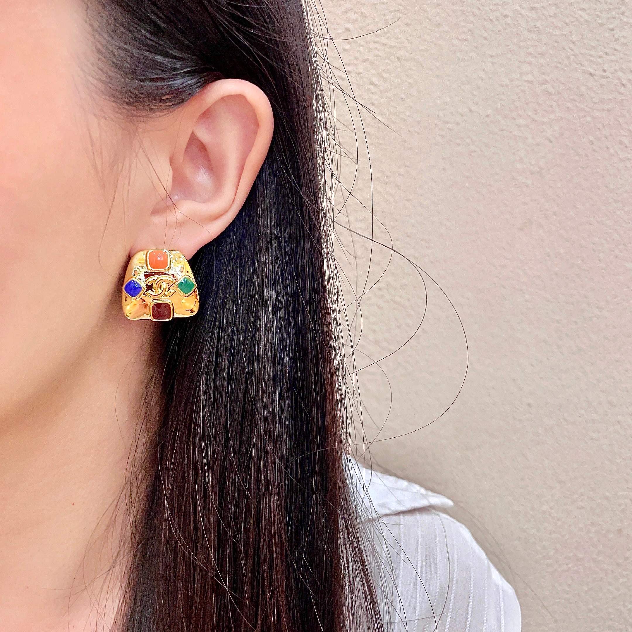 Chanel CC Logo Multicolor Gripoix Stud Earrings earrings Gold tone metal with orange blue green and deep red enamel accents 2 2cm width