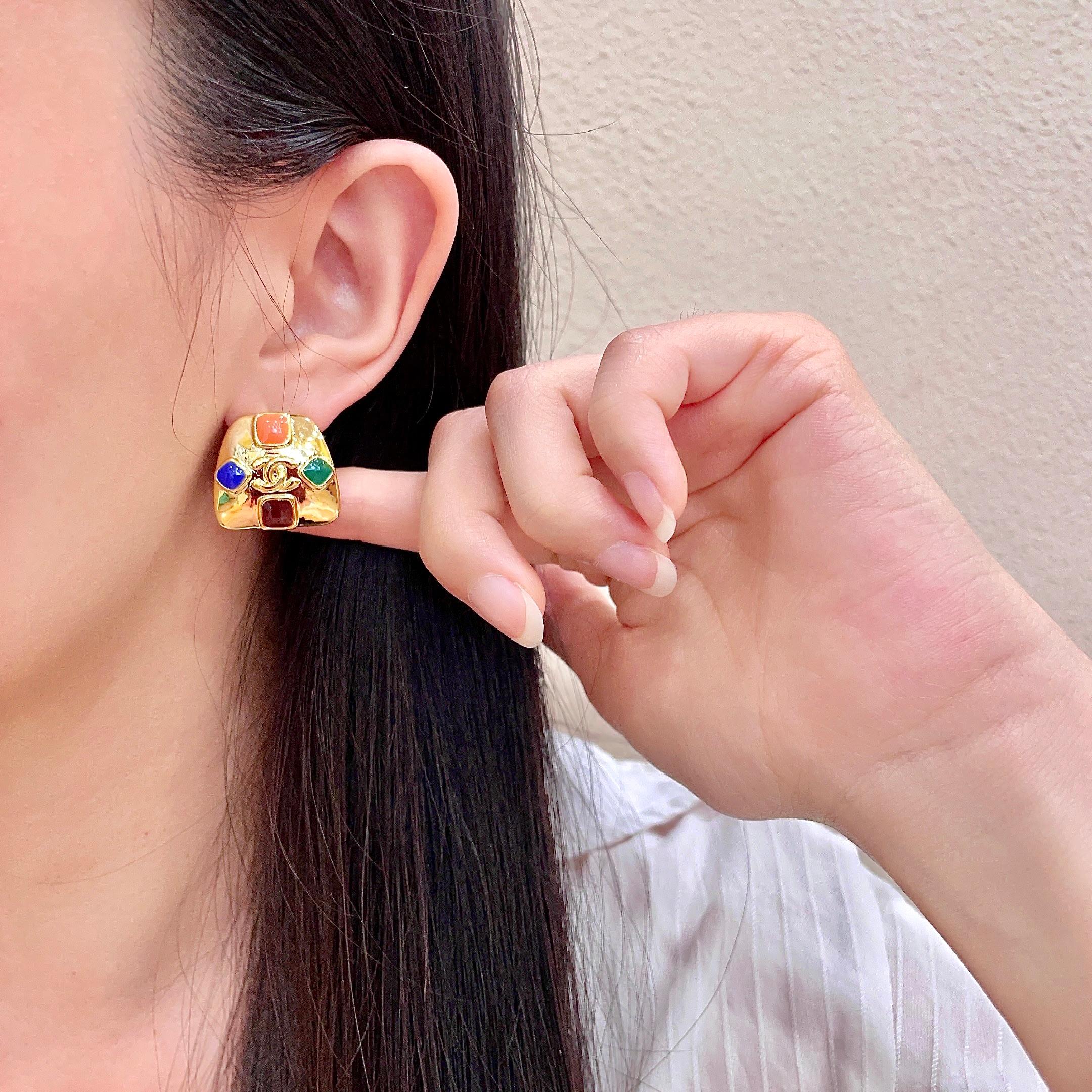 Chanel CC Logo Multicolor Gripoix Stud Earrings earrings Gold tone metal with orange blue green and deep red enamel accents 2 2cm width
