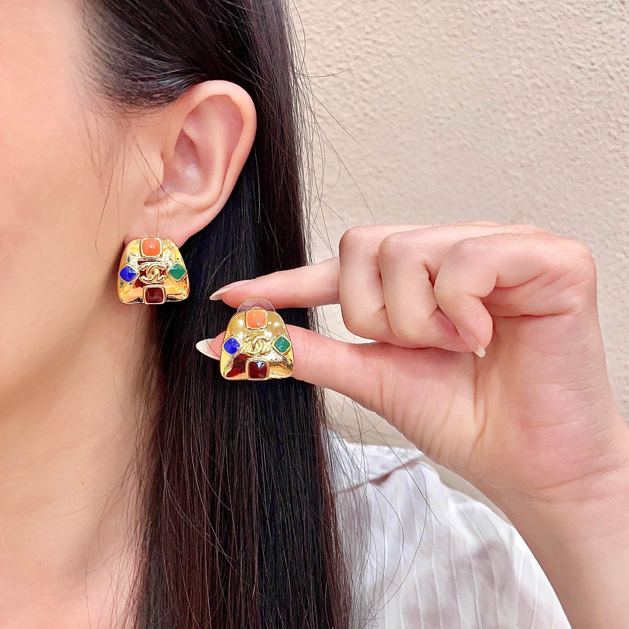 Chanel CC Logo Multicolor Gripoix Stud Earrings earrings Gold tone metal with orange blue green and deep red enamel accents 2 2cm width