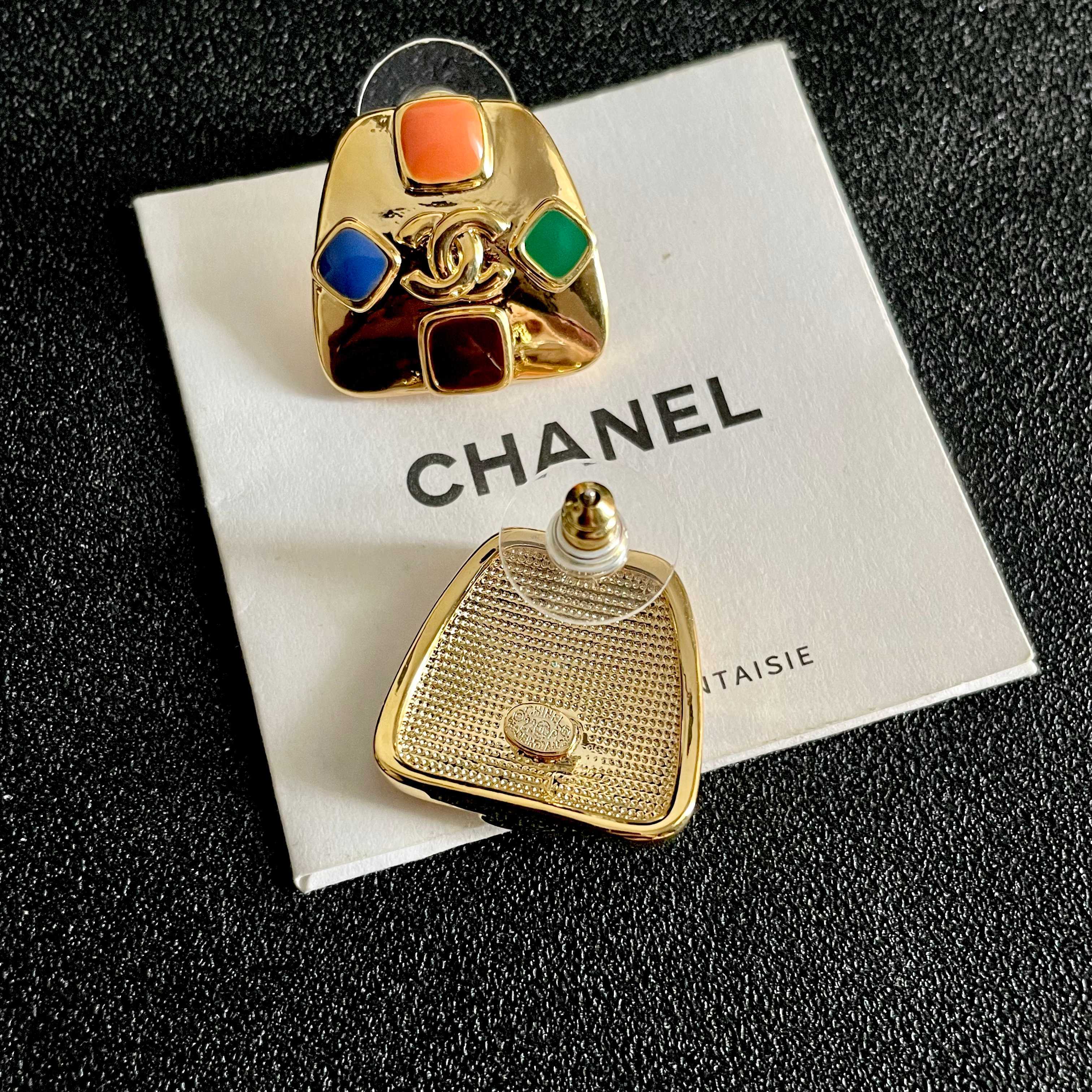 Chanel CC Logo Multicolor Gripoix Stud Earrings earrings Gold tone metal with orange blue green and deep red enamel accents 2 2cm width