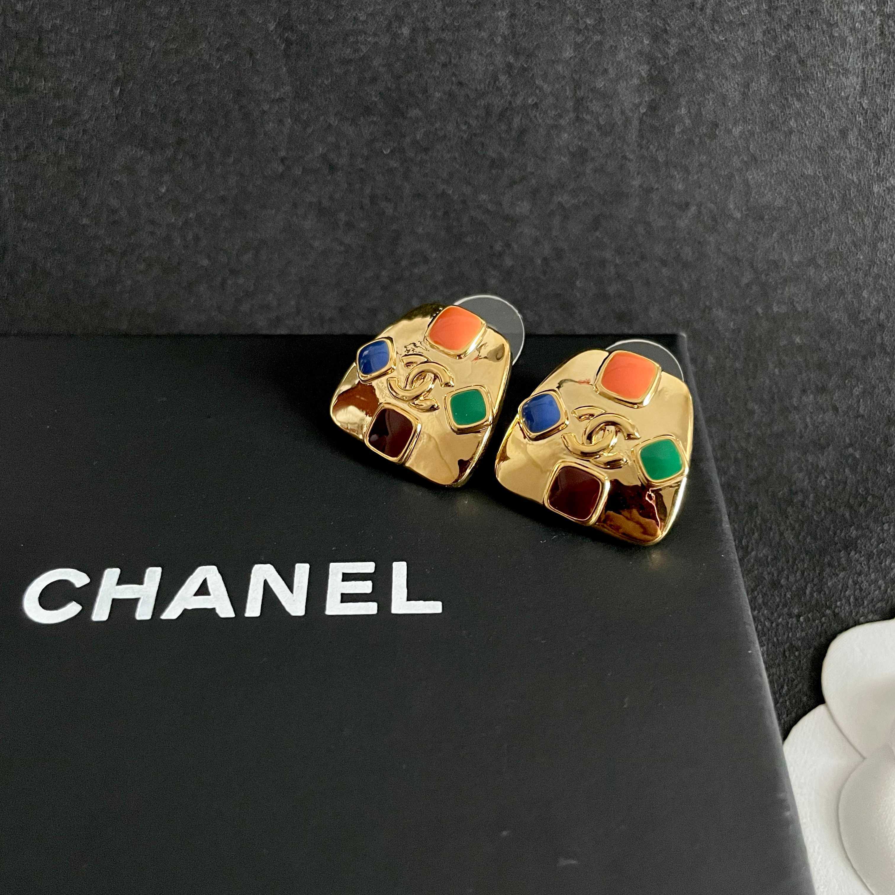 Chanel CC Logo Multicolor Gripoix Stud Earrings earrings Gold tone metal with orange blue green and deep red enamel accents 2 2cm width