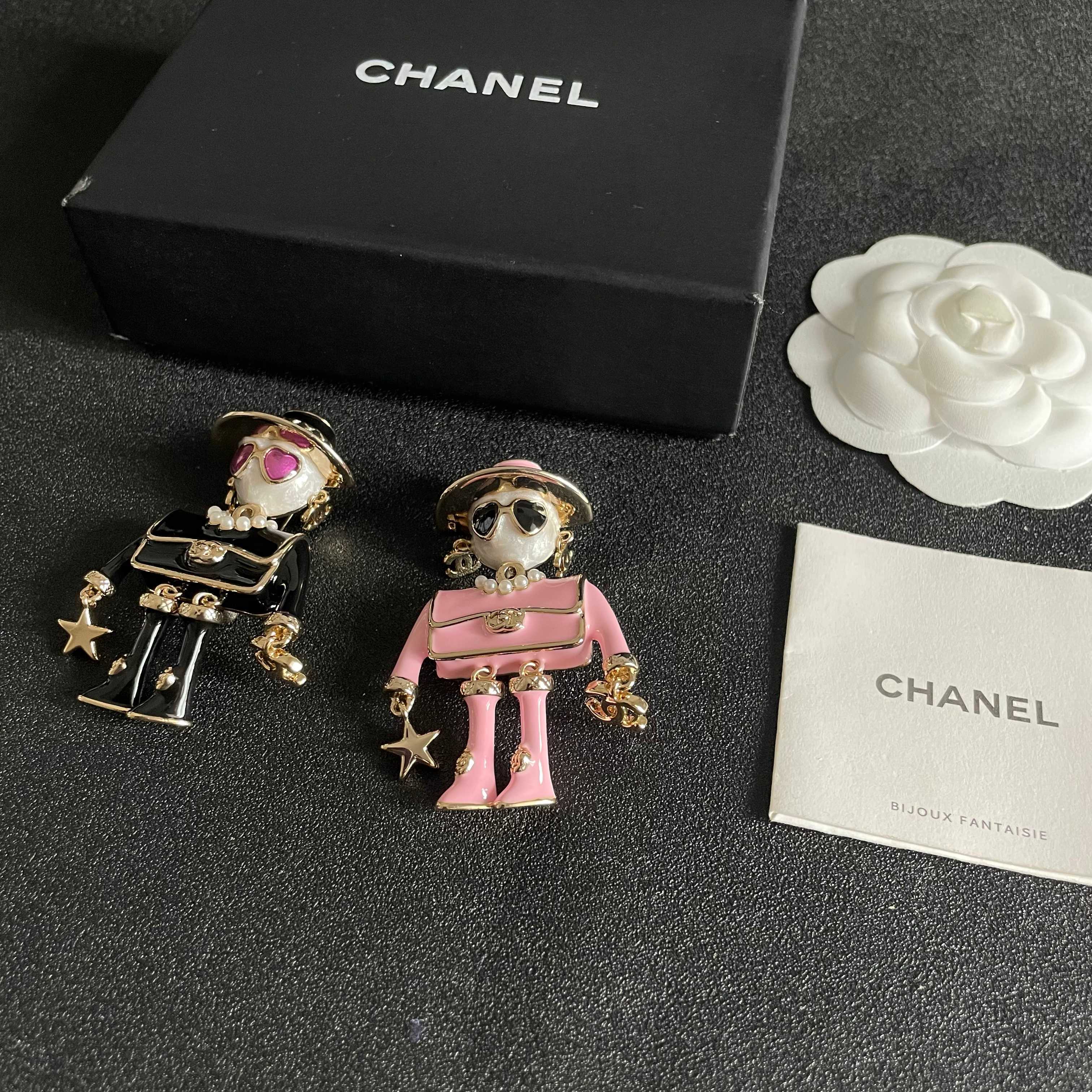 Chanel Coco Doll Brooch brooch gold-tone metal pink enamel white faux pearl black enamel clear crystal 4 5cm
