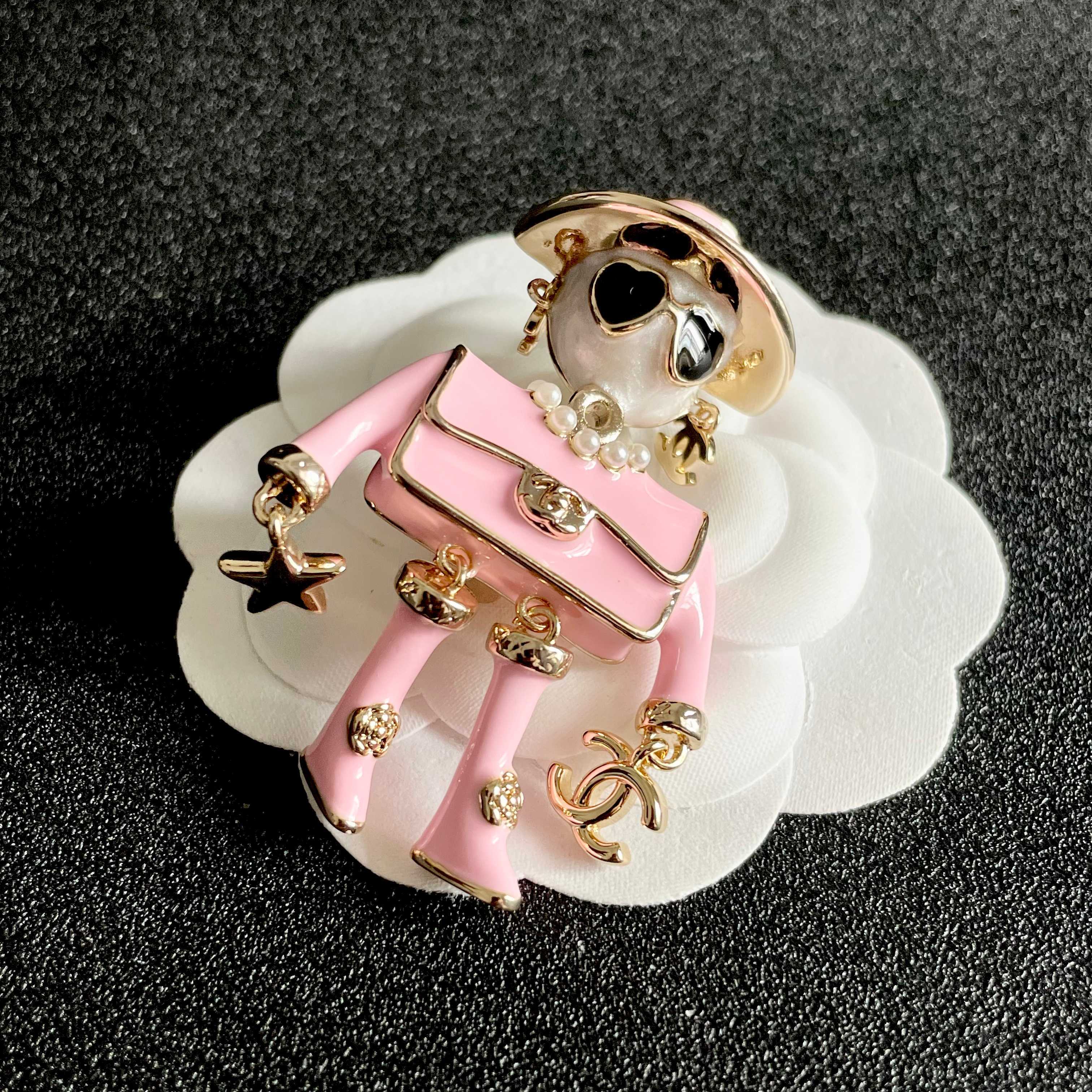 Chanel Coco Doll Brooch brooch gold-tone metal pink enamel white faux pearl black enamel clear crystal 4 5cm