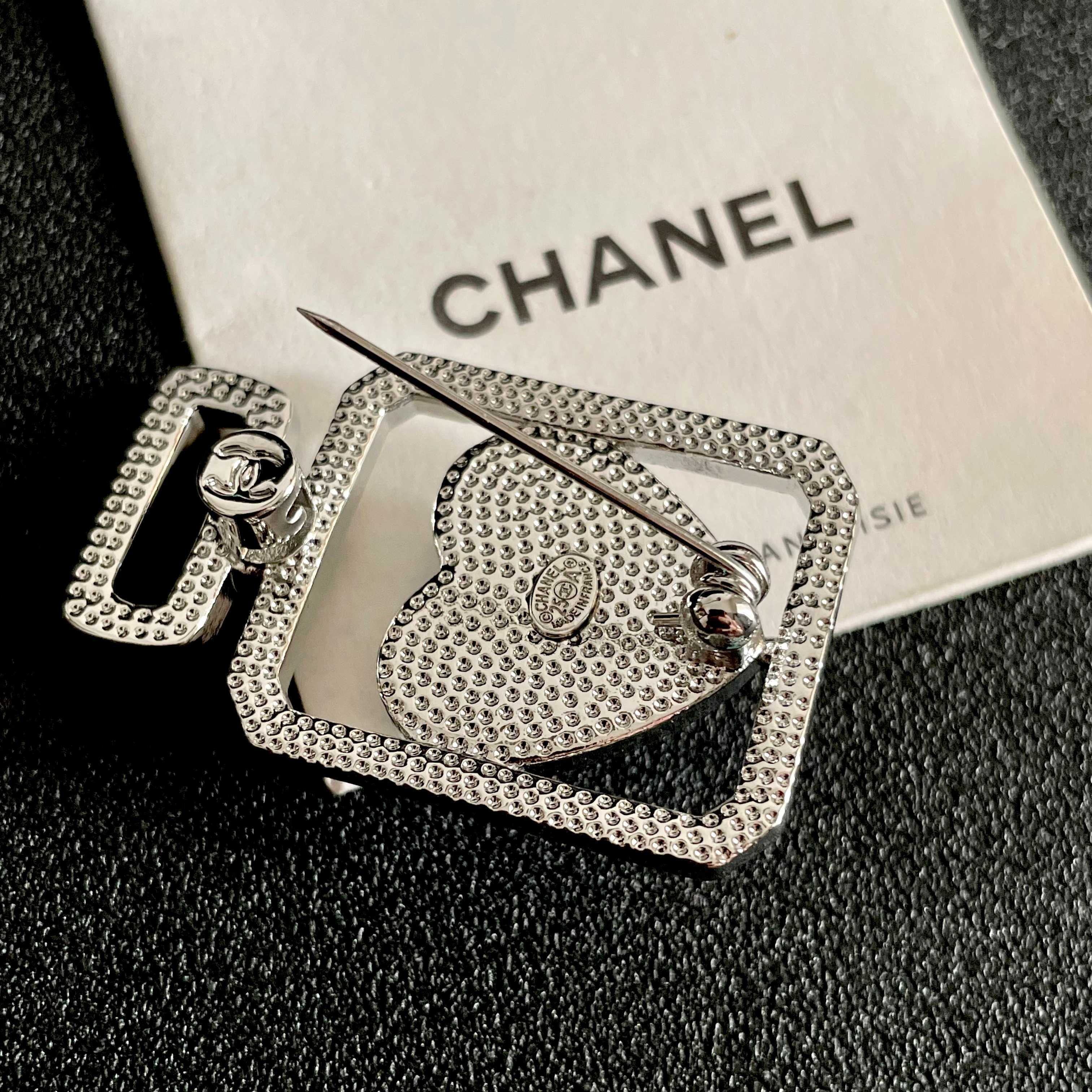 Chanel Perfume Bottle Heart CC Brooch brooch Silver-toned metal blue enamel clear crystal 3 5cm x 2 2cm