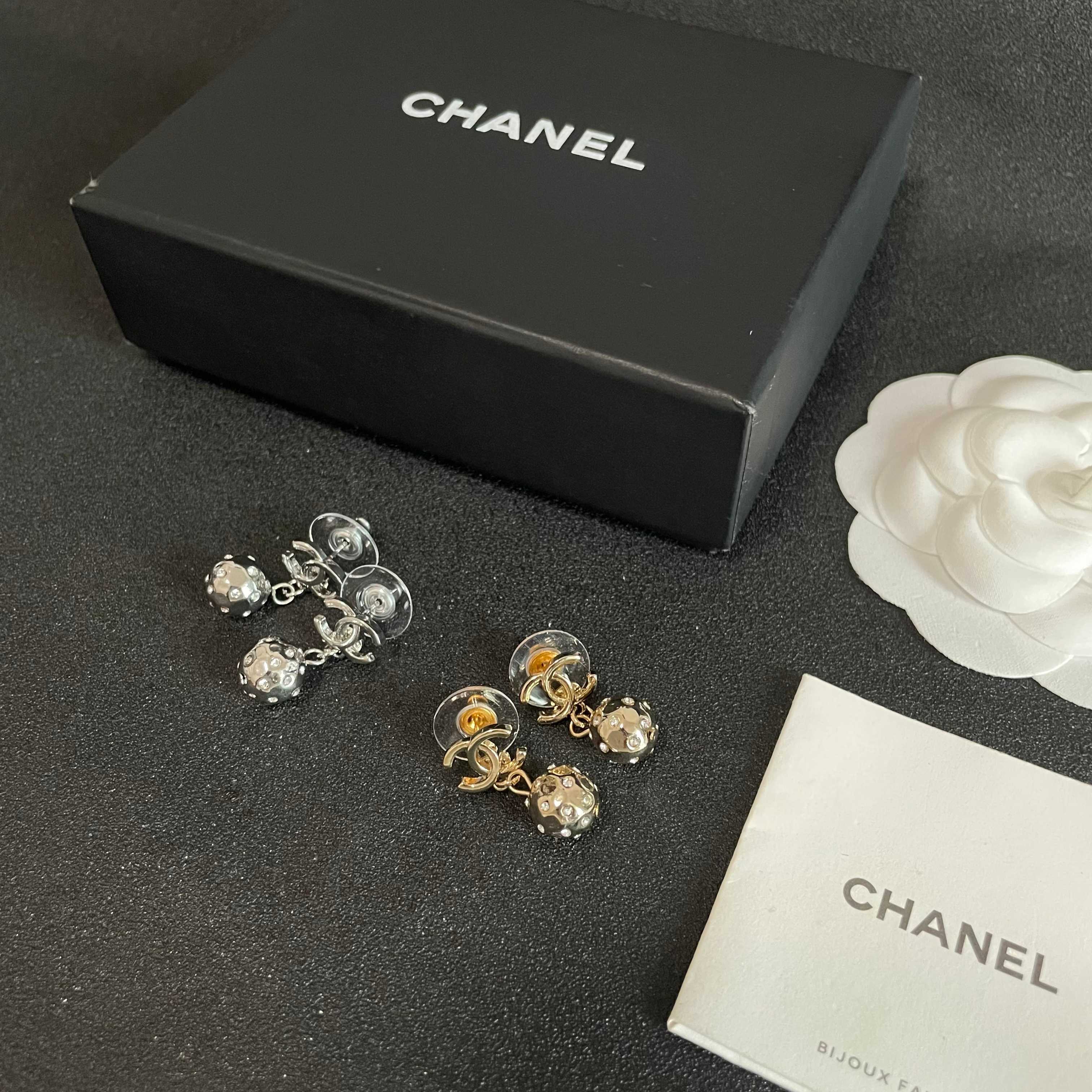 Chanel CC Logo Hammered Crystal Ball Drop Earrings earrings Light gold-tone metal with clear faceted crystal accents Approximately 2cm total drop length