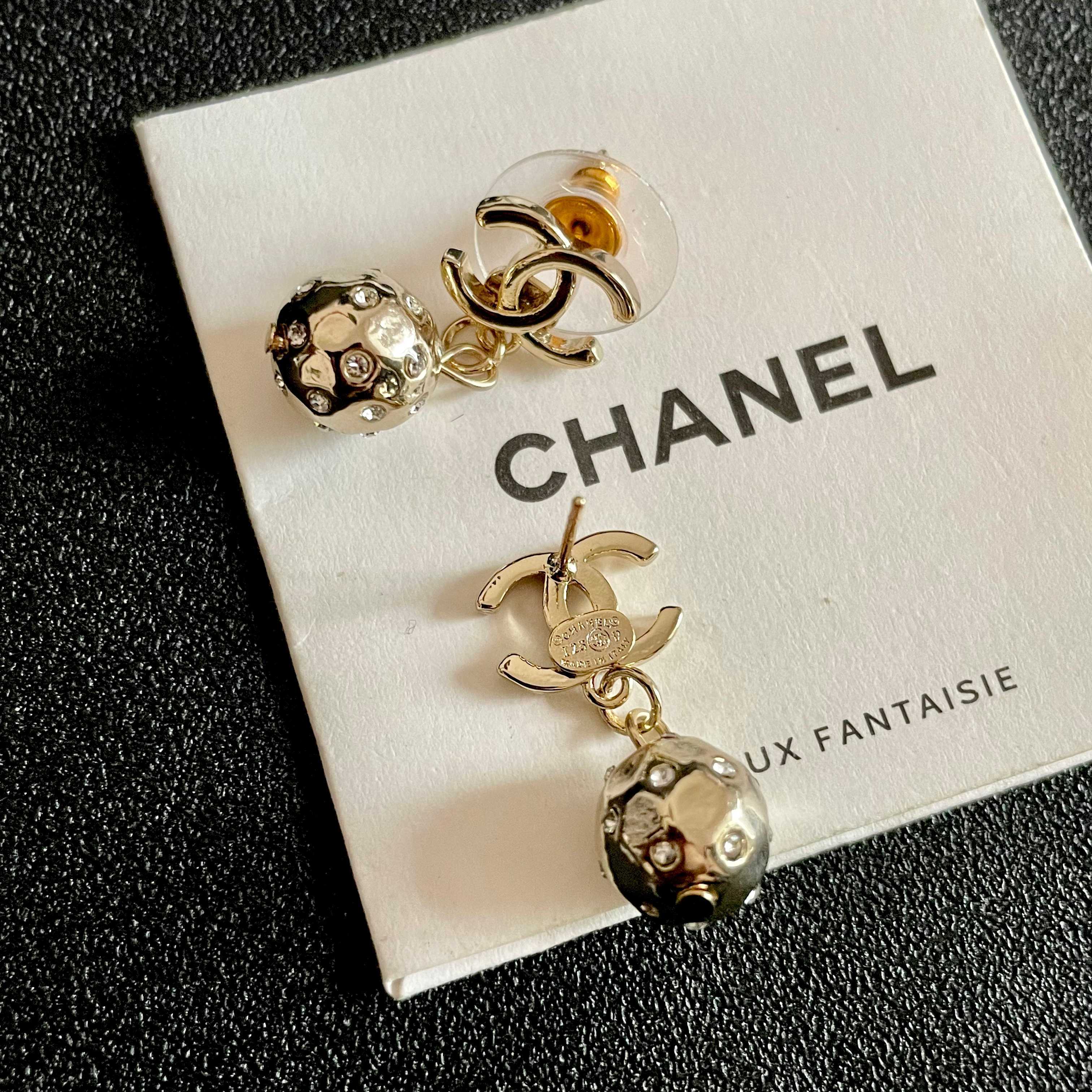 Chanel CC Logo Hammered Crystal Ball Drop Earrings earrings Light gold-tone metal with clear faceted crystal accents Approximately 2cm total drop length