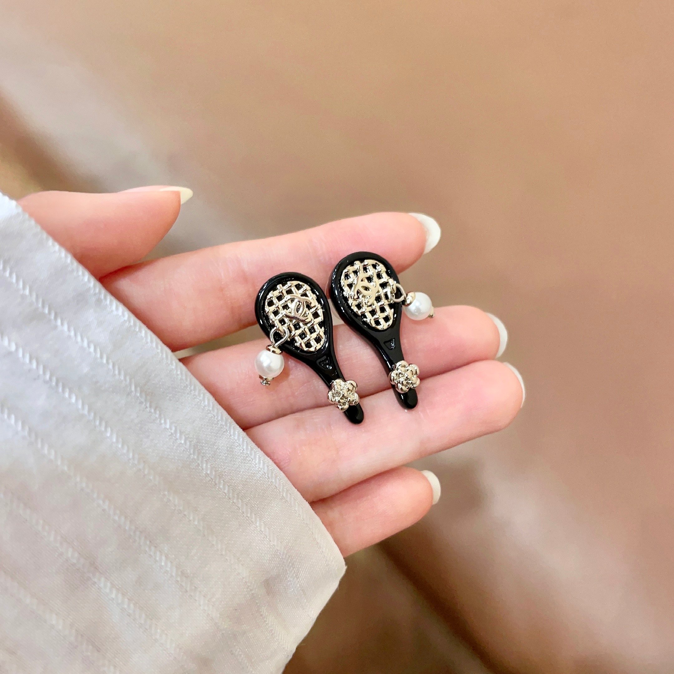 Chanel Tennis Racket CC Stud Earrings earrings Black enamel light gold tone metal white pearl clear crystal accents One Size 2 5cm drop length