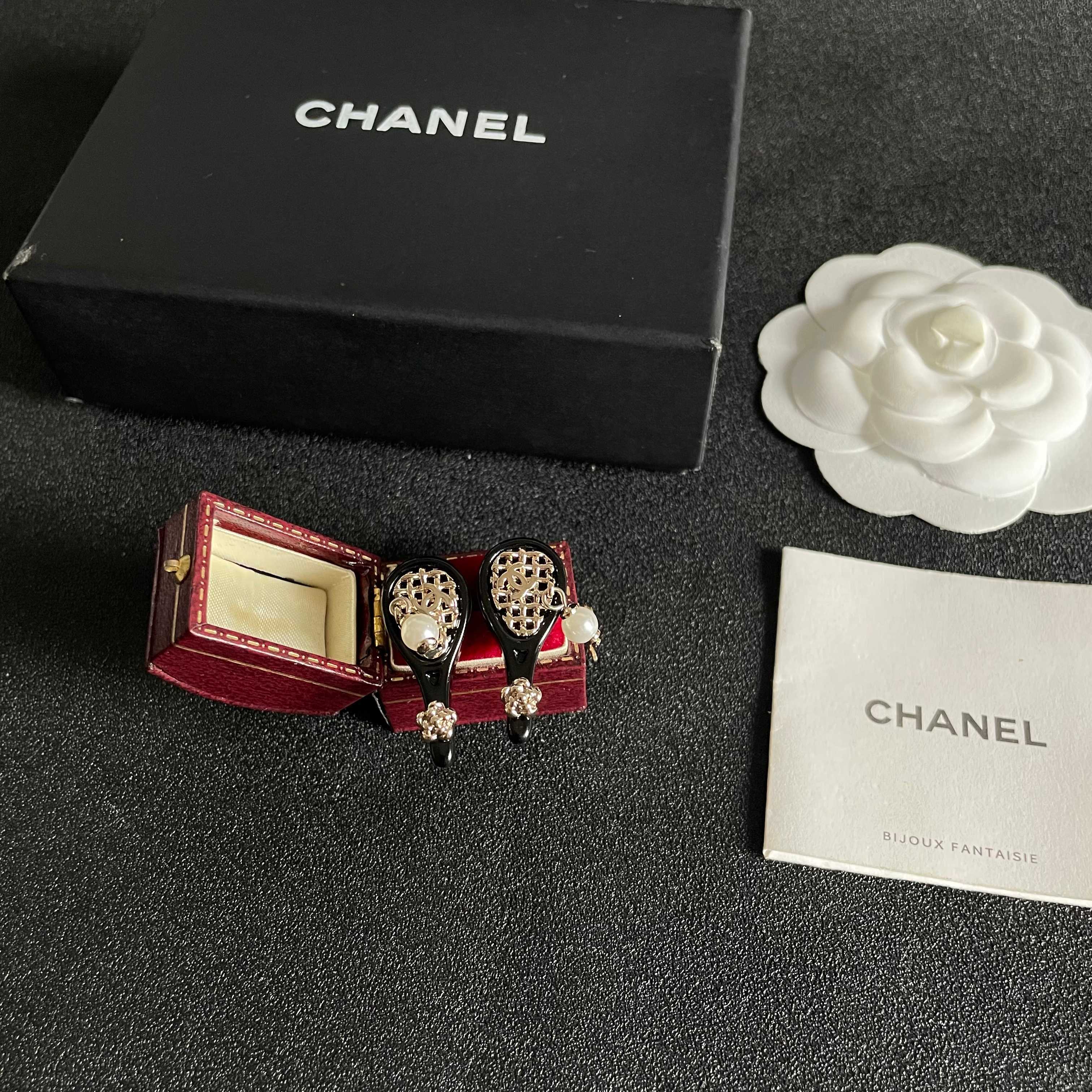 Chanel Tennis Racket CC Stud Earrings earrings Black enamel light gold tone metal white pearl clear crystal accents One Size 2 5cm drop length
