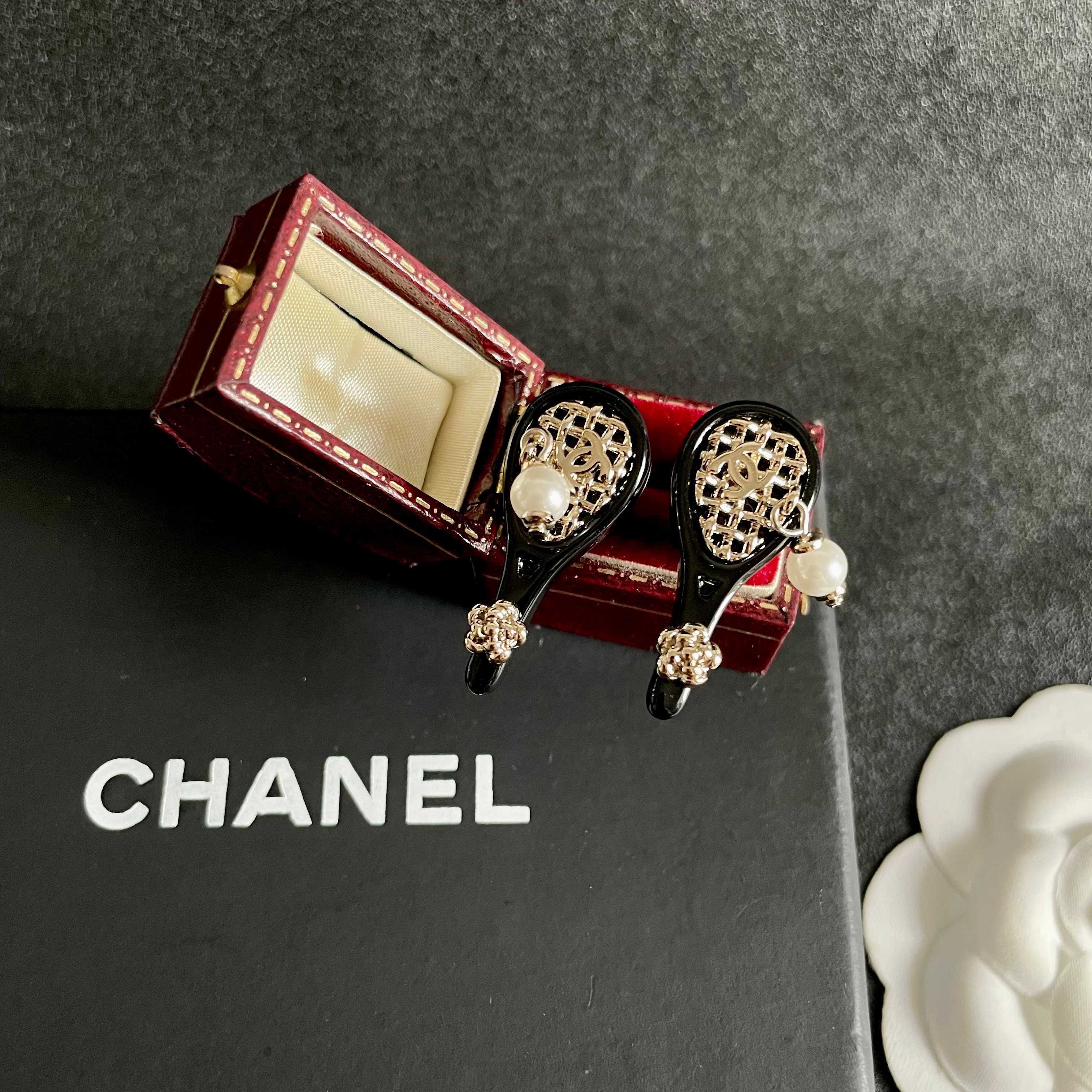 Chanel Tennis Racket CC Stud Earrings earrings Black enamel light gold tone metal white pearl clear crystal accents One Size 2 5cm drop length