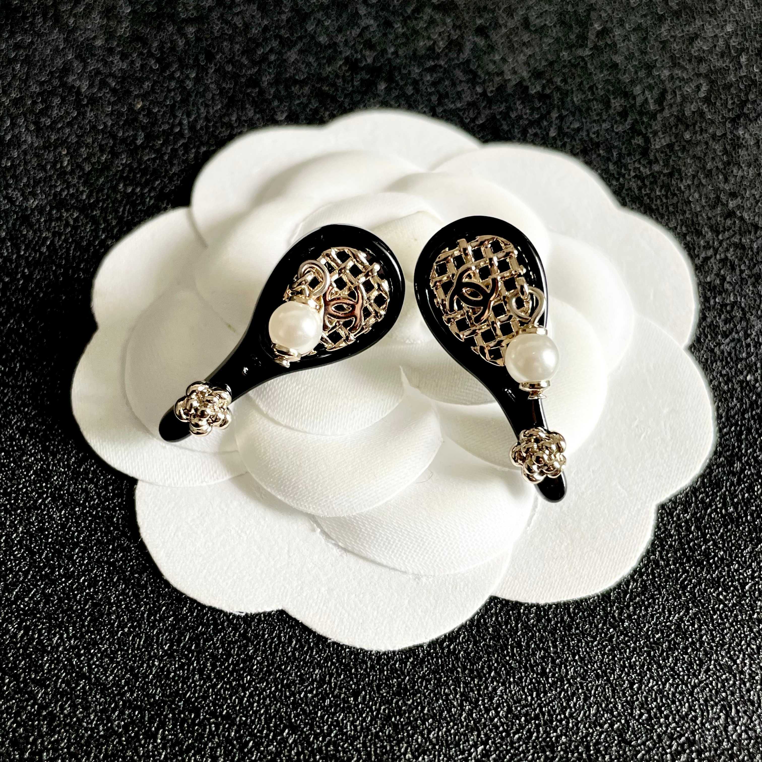 Chanel Tennis Racket CC Stud Earrings earrings Black enamel light gold tone metal white pearl clear crystal accents One Size 2 5cm drop length