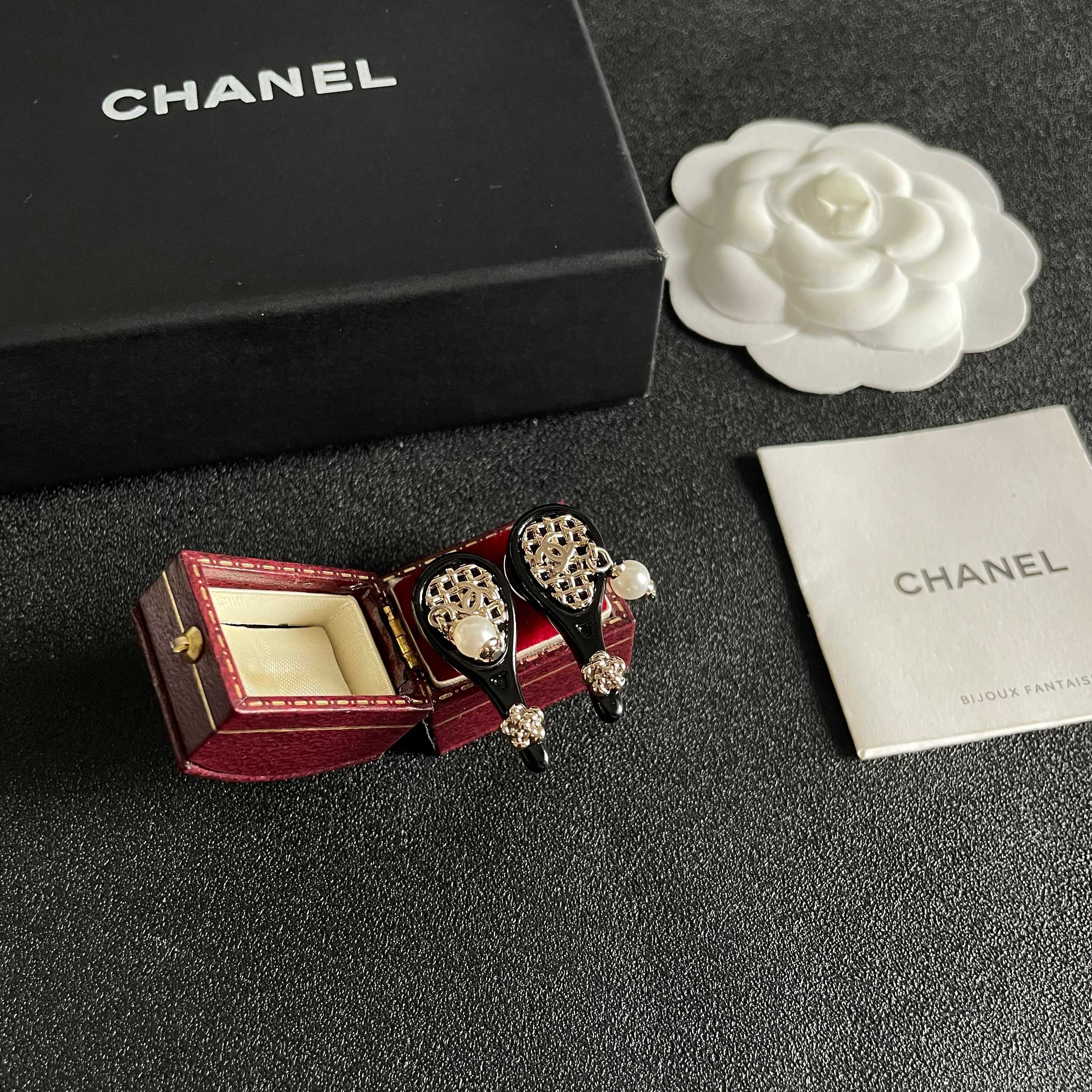 Chanel Tennis Racket CC Stud Earrings earrings Black enamel light gold tone metal white pearl clear crystal accents One Size 2 5cm drop length