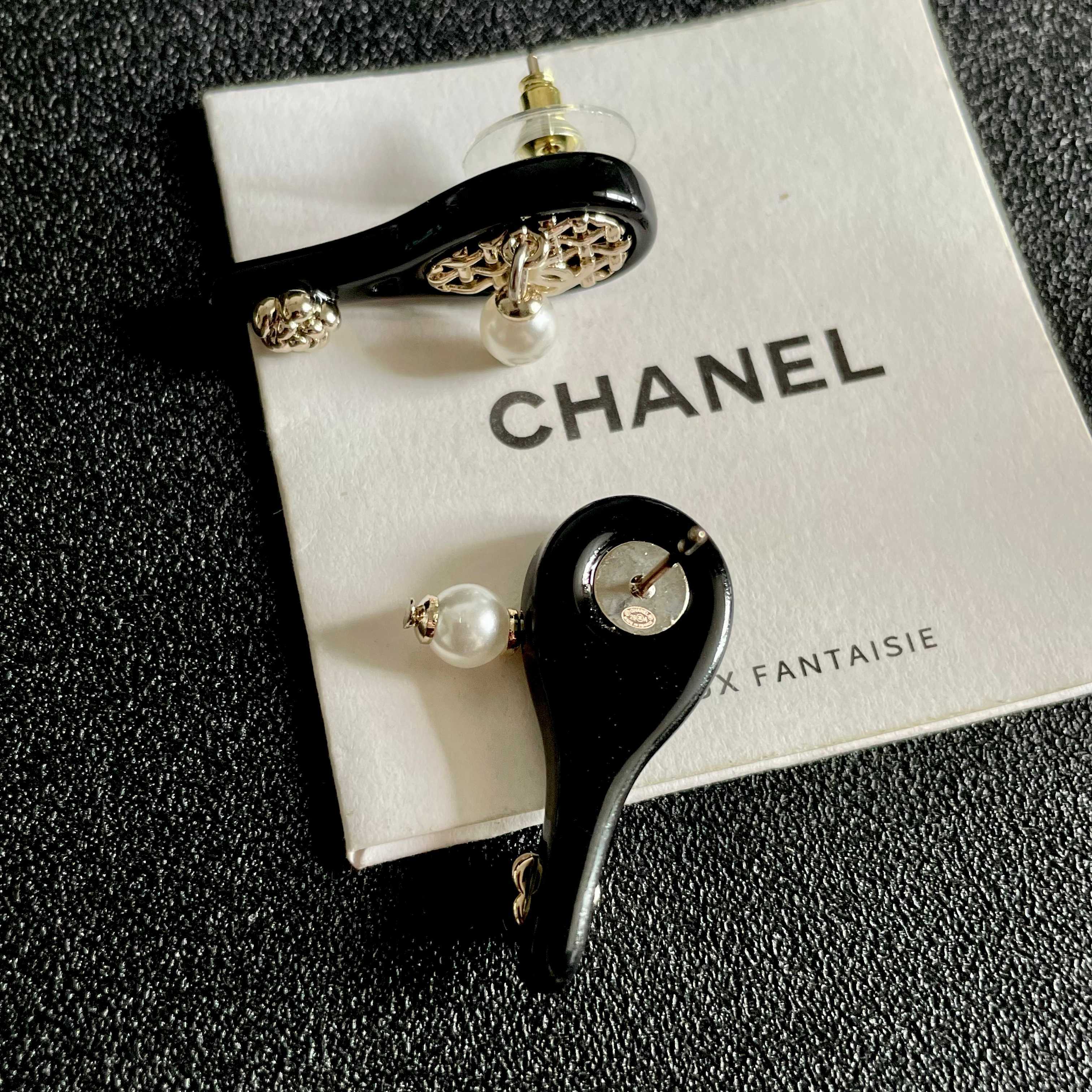 Chanel Tennis Racket CC Stud Earrings earrings Black enamel light gold tone metal white pearl clear crystal accents One Size 2 5cm drop length