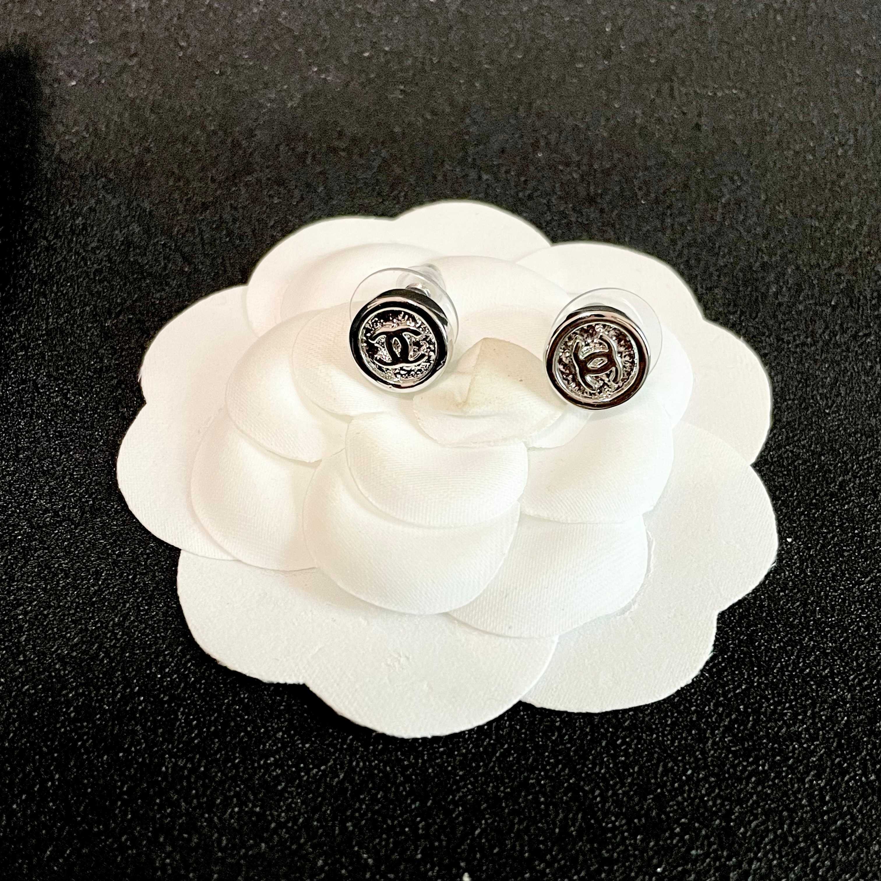 Chanel CC Logo Round Button Stud Earrings earrings silver-tone metal with clear crystal accents 1 2cm diameter