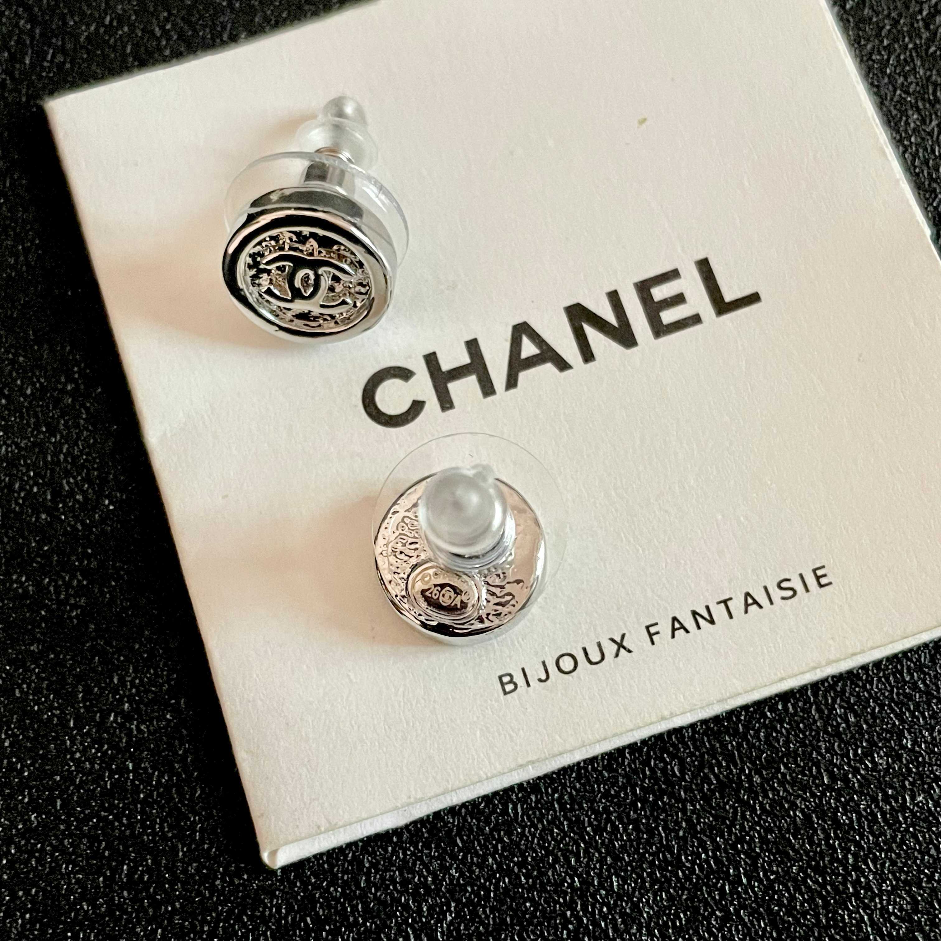 Chanel CC Logo Round Button Stud Earrings earrings silver-tone metal with clear crystal accents 1 2cm diameter