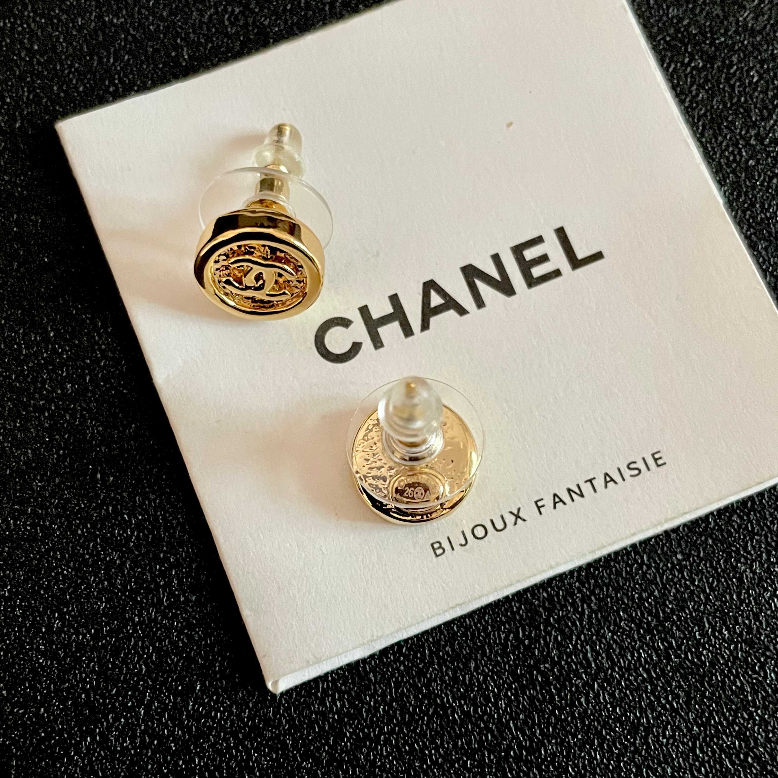 Chanel CC Logo Round Button Stud Earrings earrings gold-tone metal 1 2cm diameter