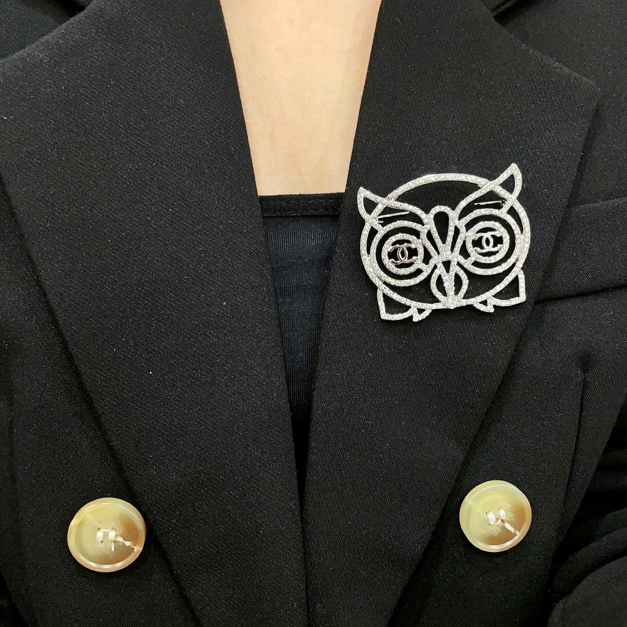 Chanel CC Logo Openwork Owl brooch silver tone metal with clear crystal pave 4 5cm width