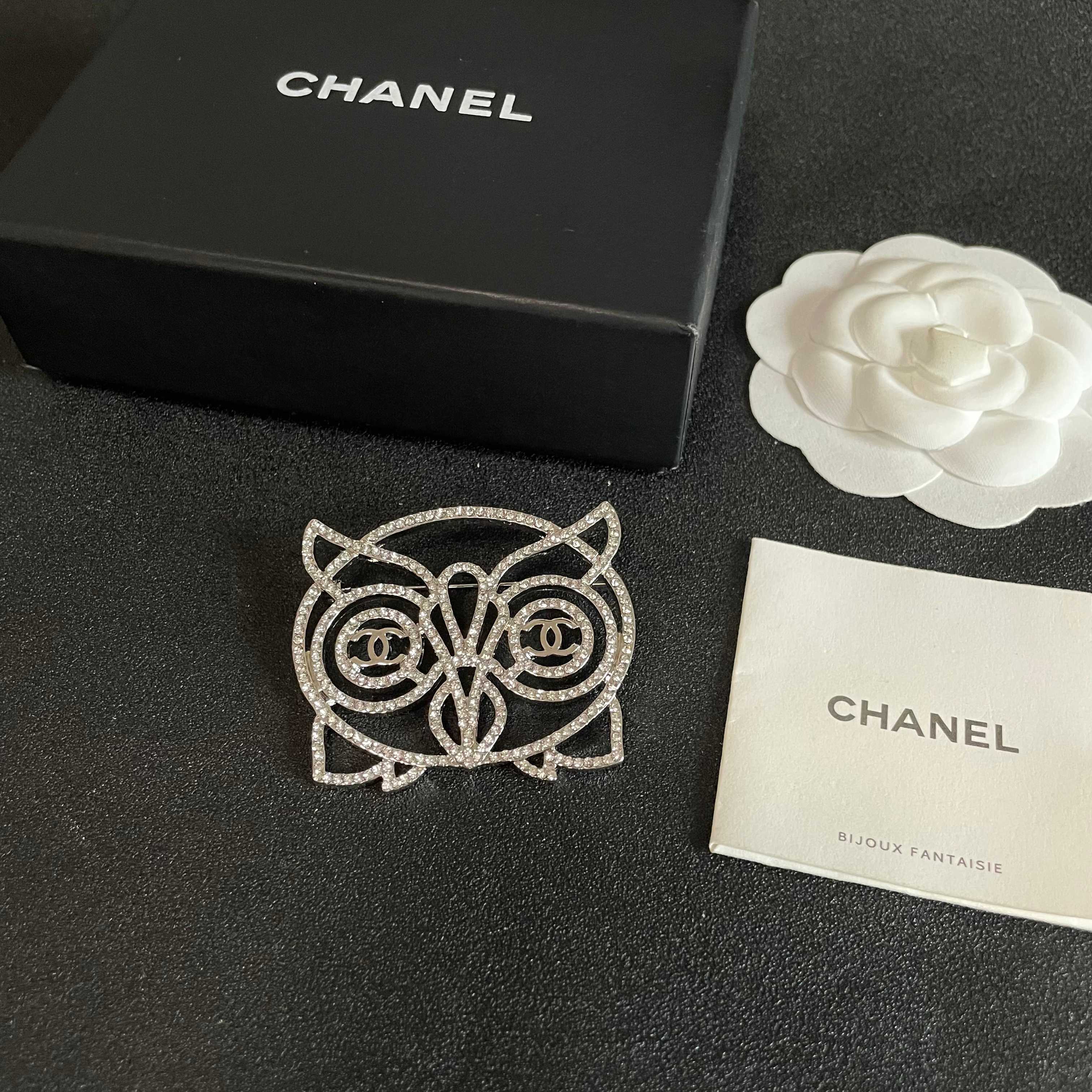 Chanel CC Logo Openwork Owl brooch silver tone metal with clear crystal pave 4 5cm width