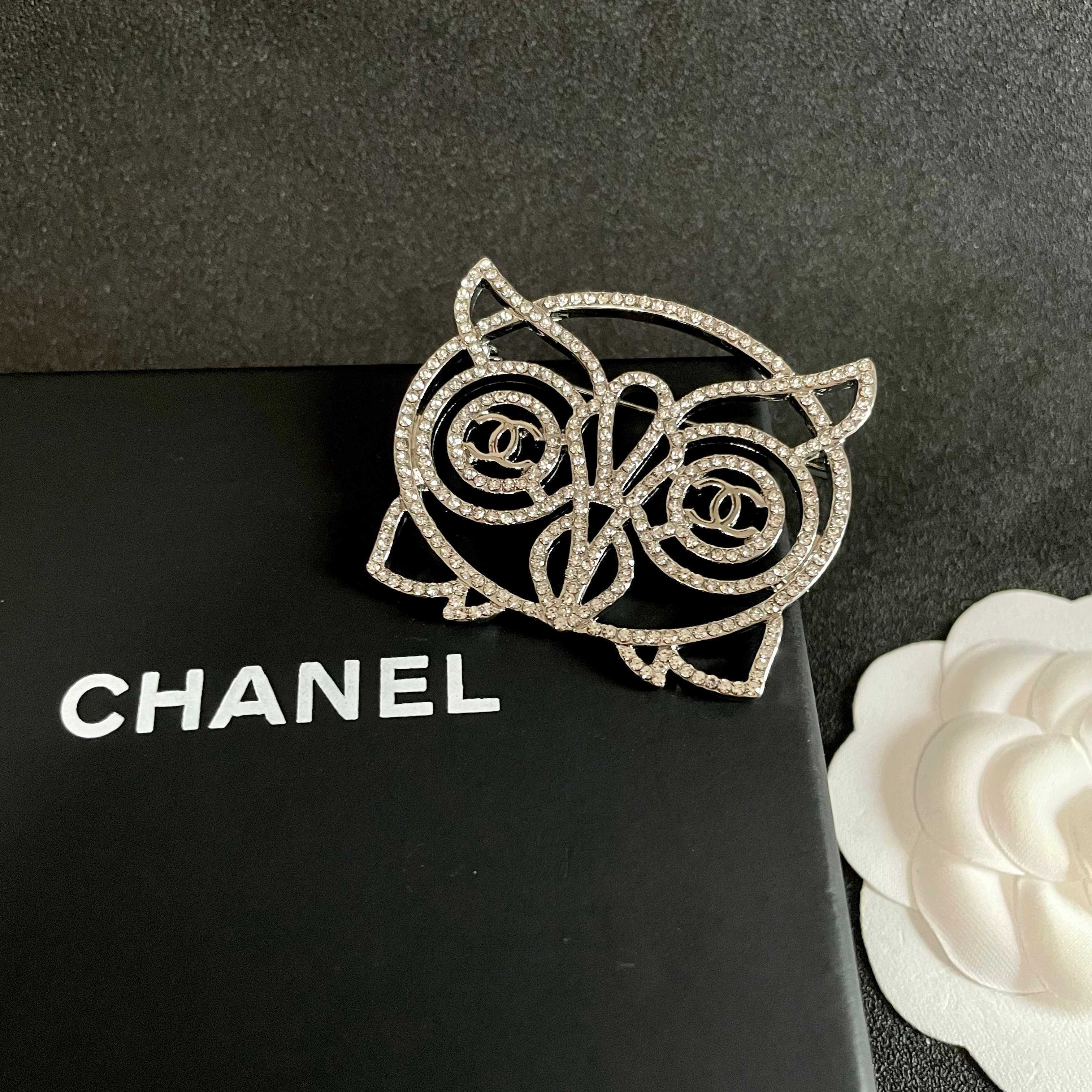 Chanel CC Logo Openwork Owl brooch silver tone metal with clear crystal pave 4 5cm width