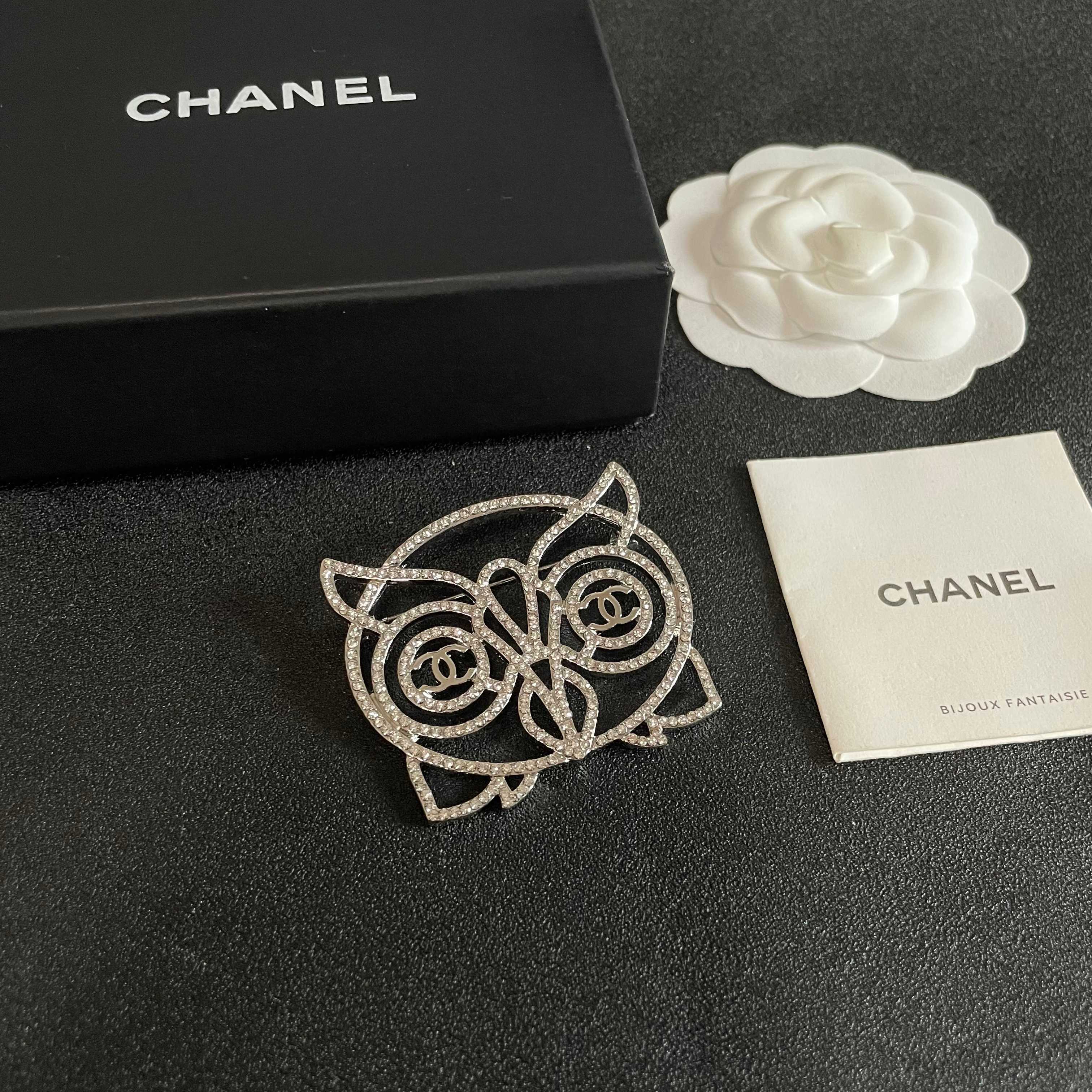 Chanel CC Logo Openwork Owl brooch silver tone metal with clear crystal pave 4 5cm width