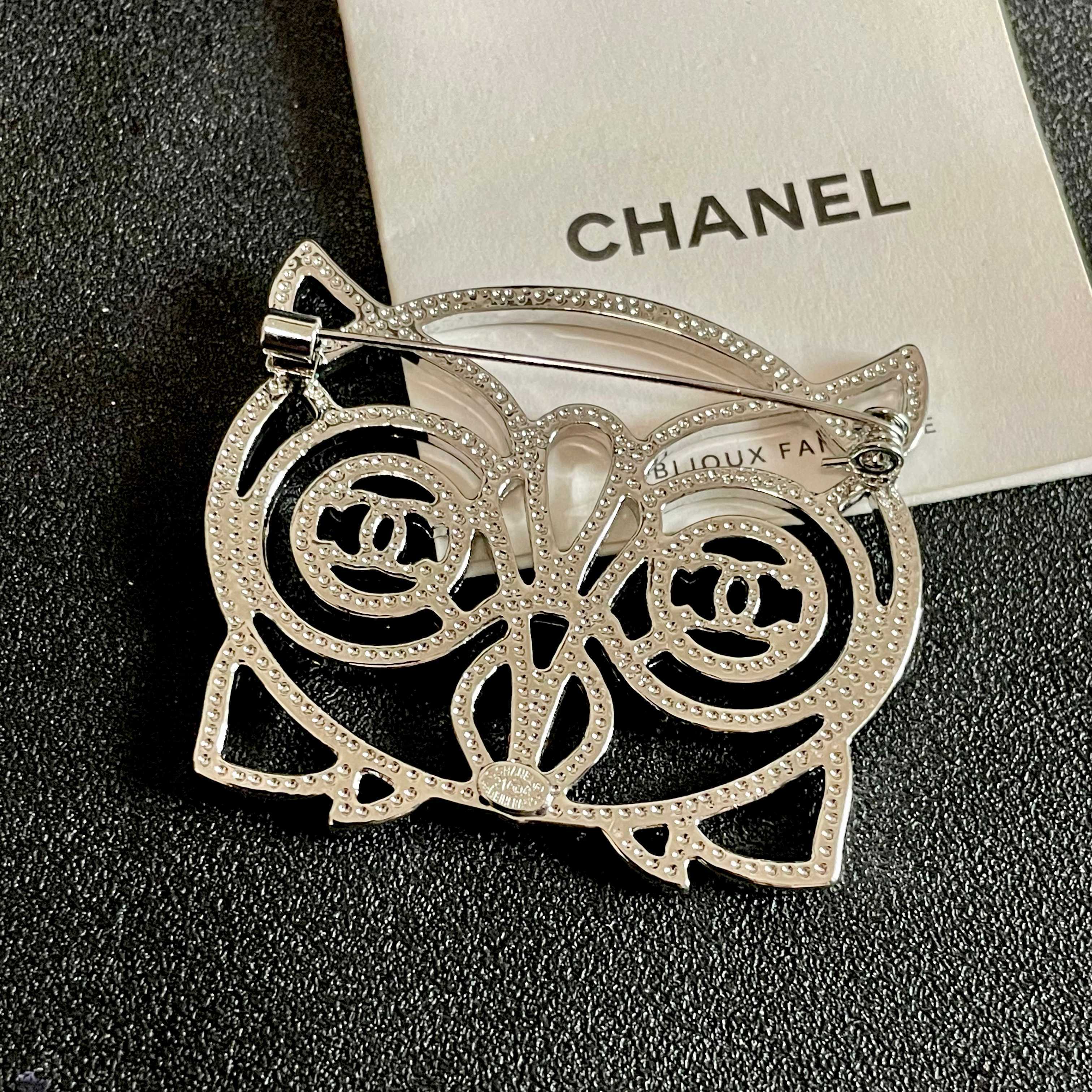 Chanel CC Logo Openwork Owl brooch silver tone metal with clear crystal pave 4 5cm width