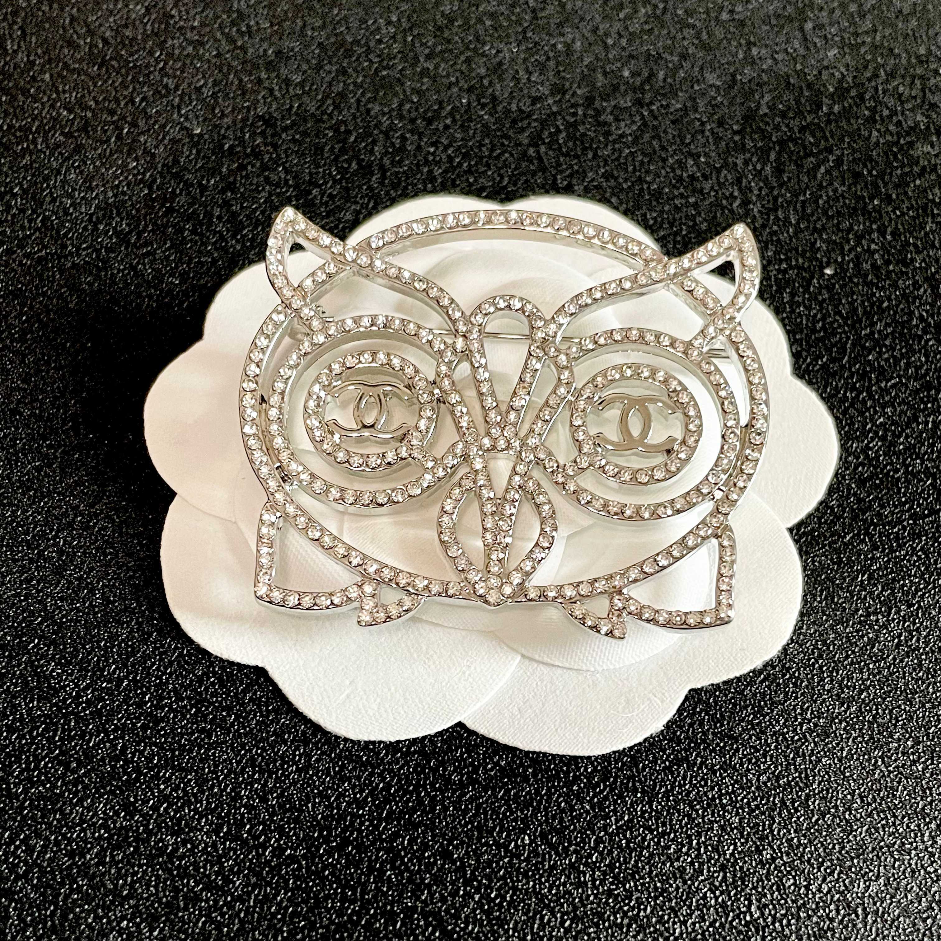 Chanel CC Logo Openwork Owl brooch silver tone metal with clear crystal pave 4 5cm width