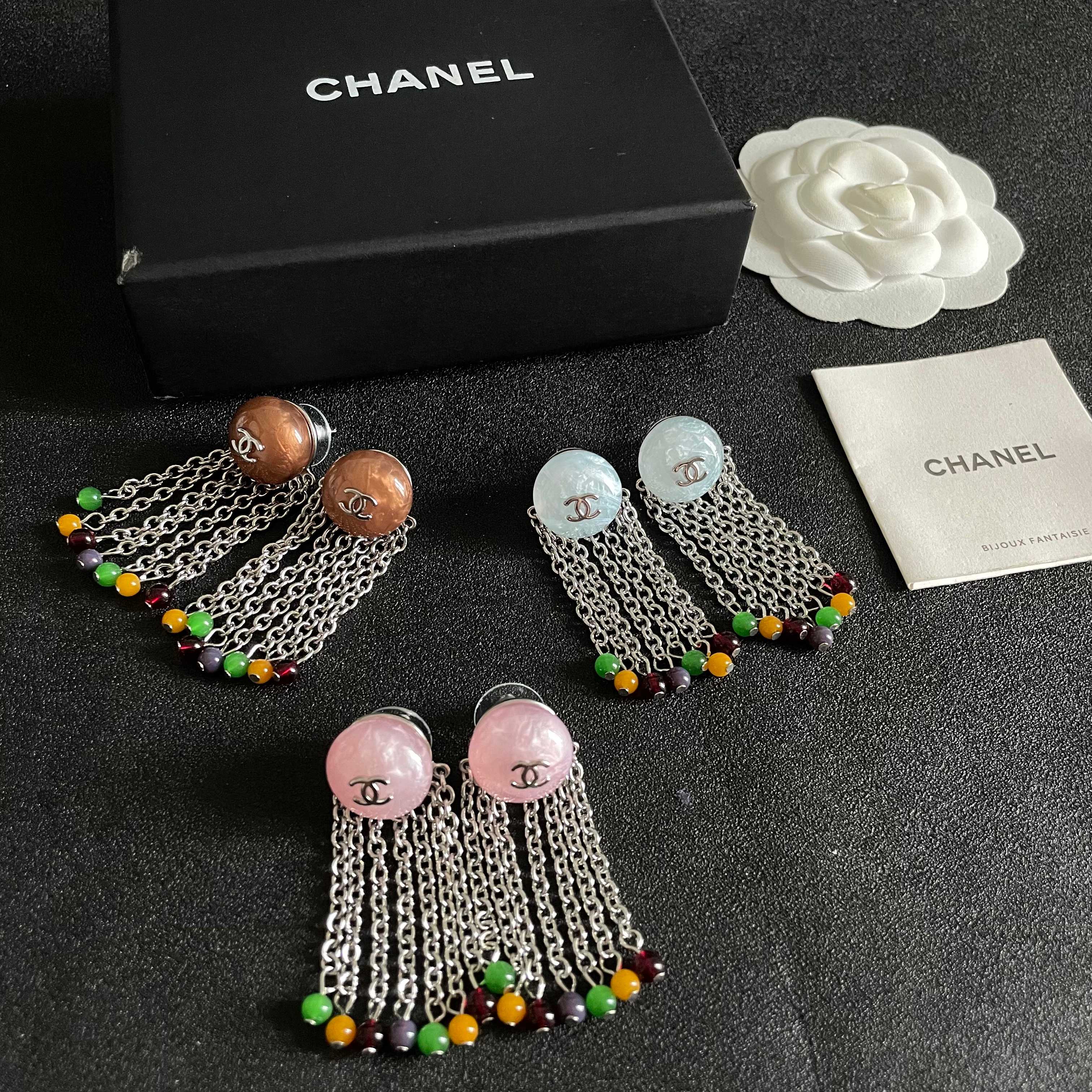 Chanel CC Logo Multicolor Bead Chain Fringe Drop Earrings earrings Silver-tone metal pale blue marbled resin multicolor green yellow burgundy purple accent beads Approximately 4 5cm drop length