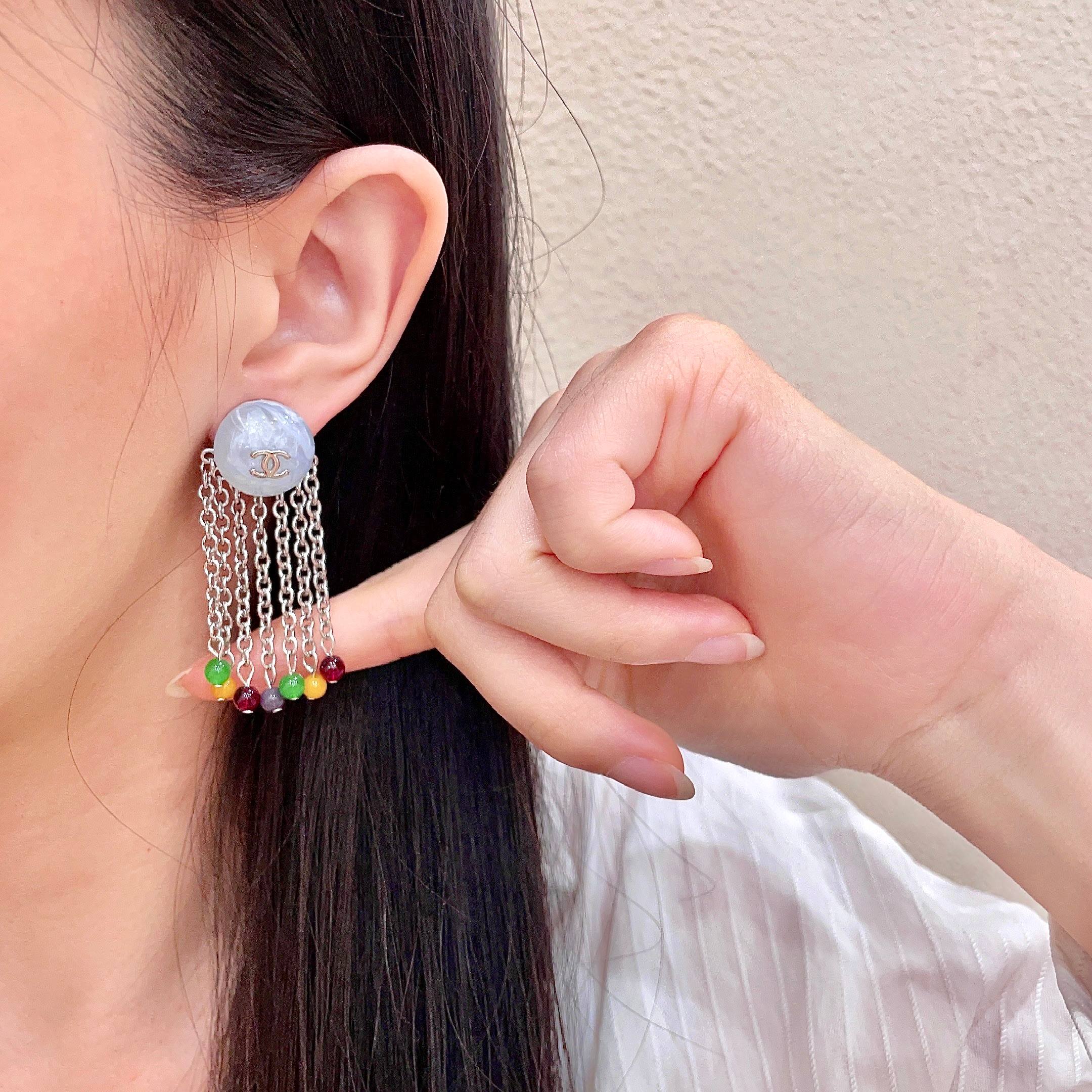 Chanel CC Logo Multicolor Bead Chain Fringe Drop Earrings earrings Silver-tone metal pale blue marbled resin multicolor green yellow burgundy purple accent beads Approximately 4 5cm drop length