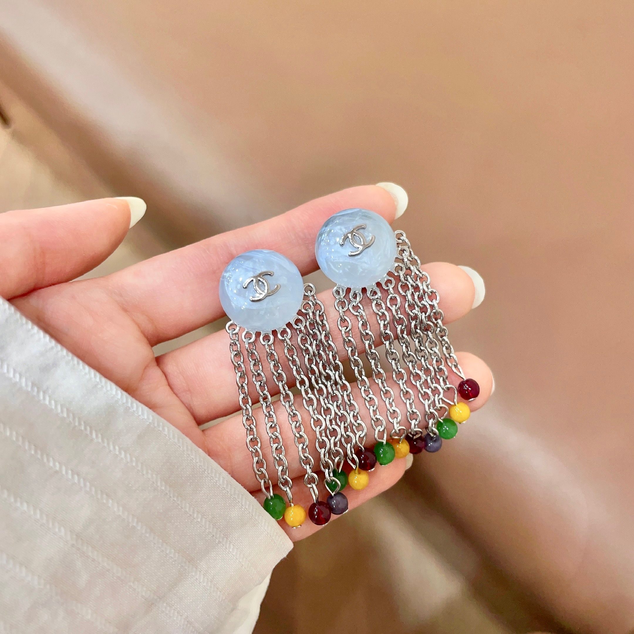 Chanel CC Logo Multicolor Bead Chain Fringe Drop Earrings earrings Silver-tone metal pale blue marbled resin multicolor green yellow burgundy purple accent beads Approximately 4 5cm drop length