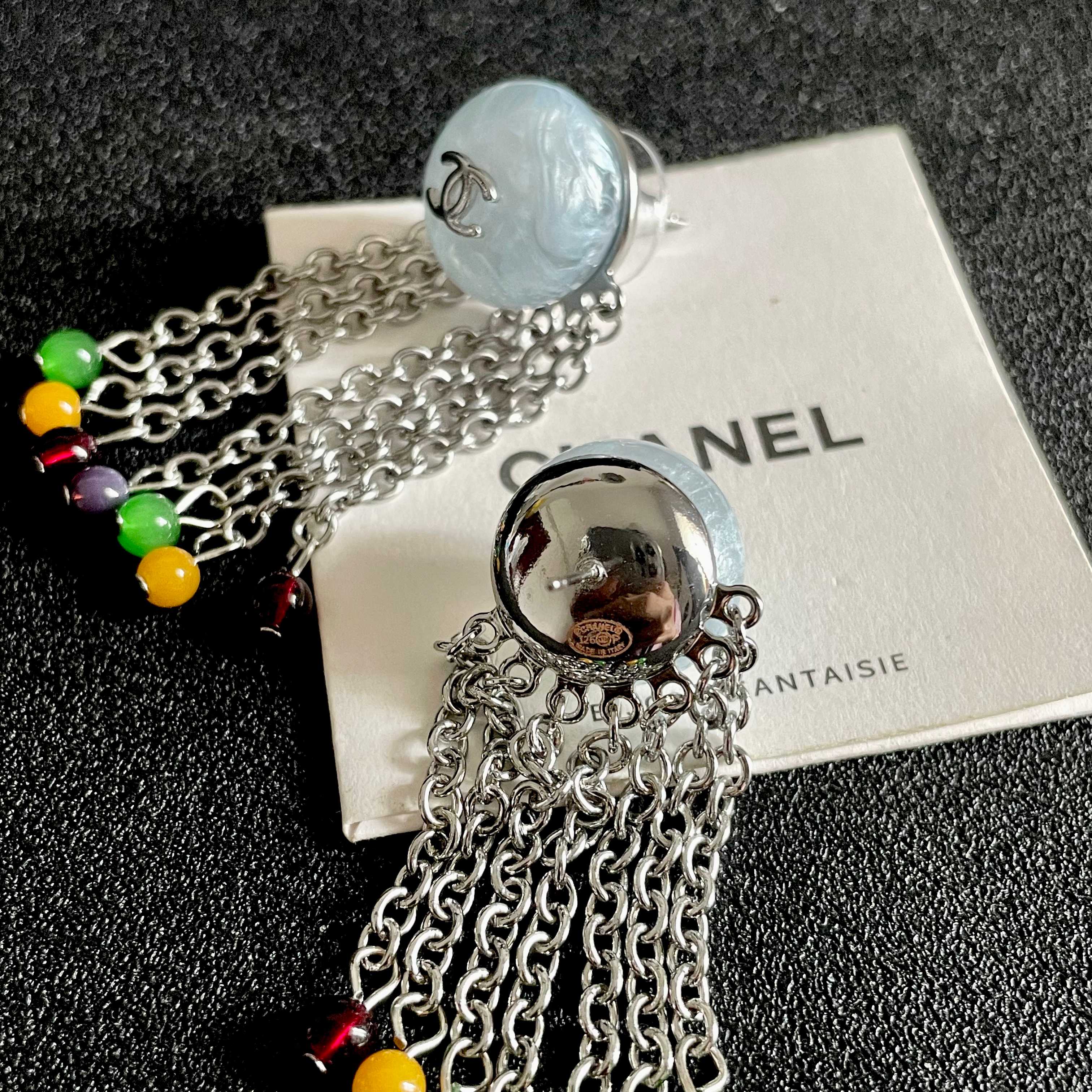 Chanel CC Logo Multicolor Bead Chain Fringe Drop Earrings earrings Silver-tone metal pale blue marbled resin multicolor green yellow burgundy purple accent beads Approximately 4 5cm drop length