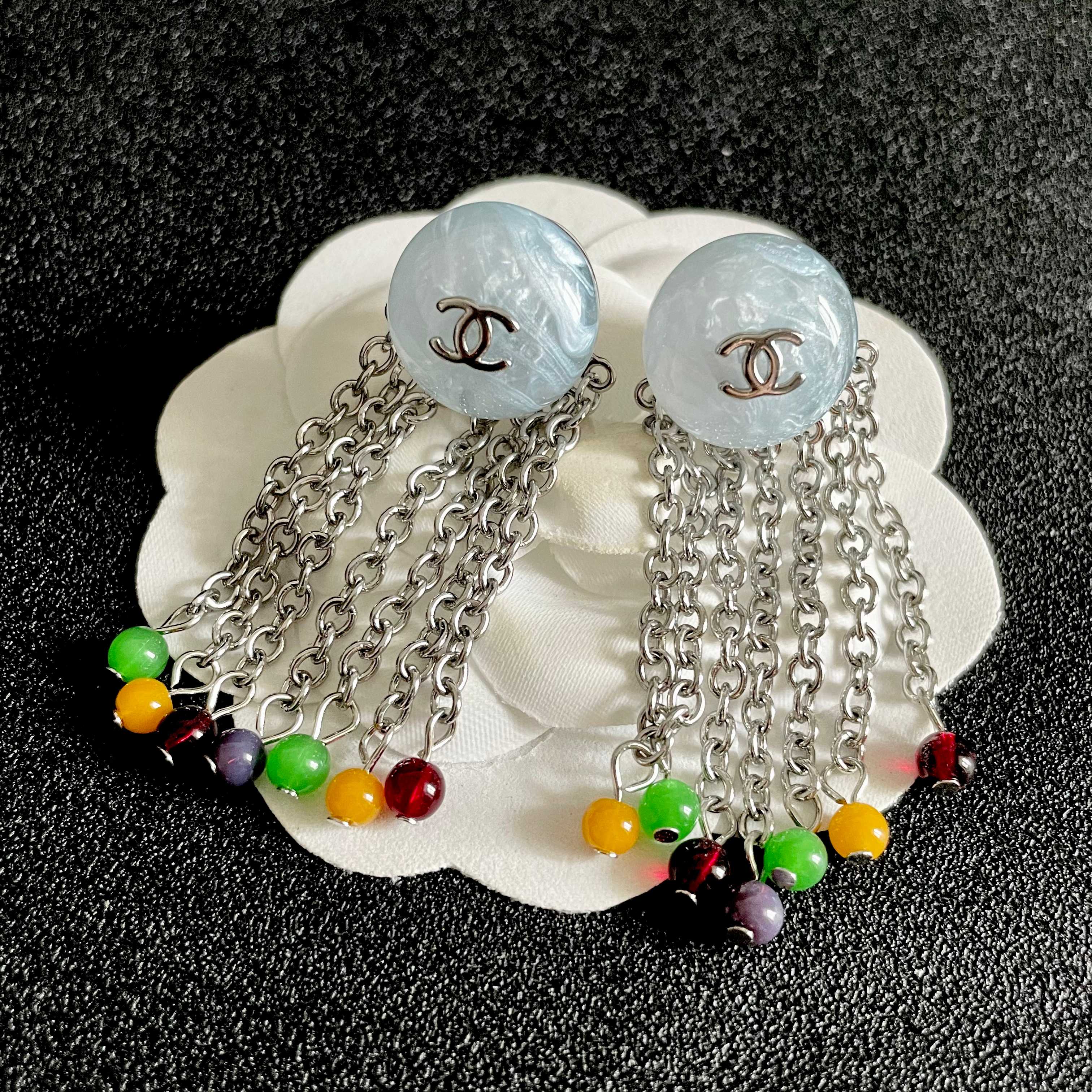 Chanel CC Logo Multicolor Bead Chain Fringe Drop Earrings earrings Silver-tone metal pale blue marbled resin multicolor green yellow burgundy purple accent beads Approximately 4 5cm drop length