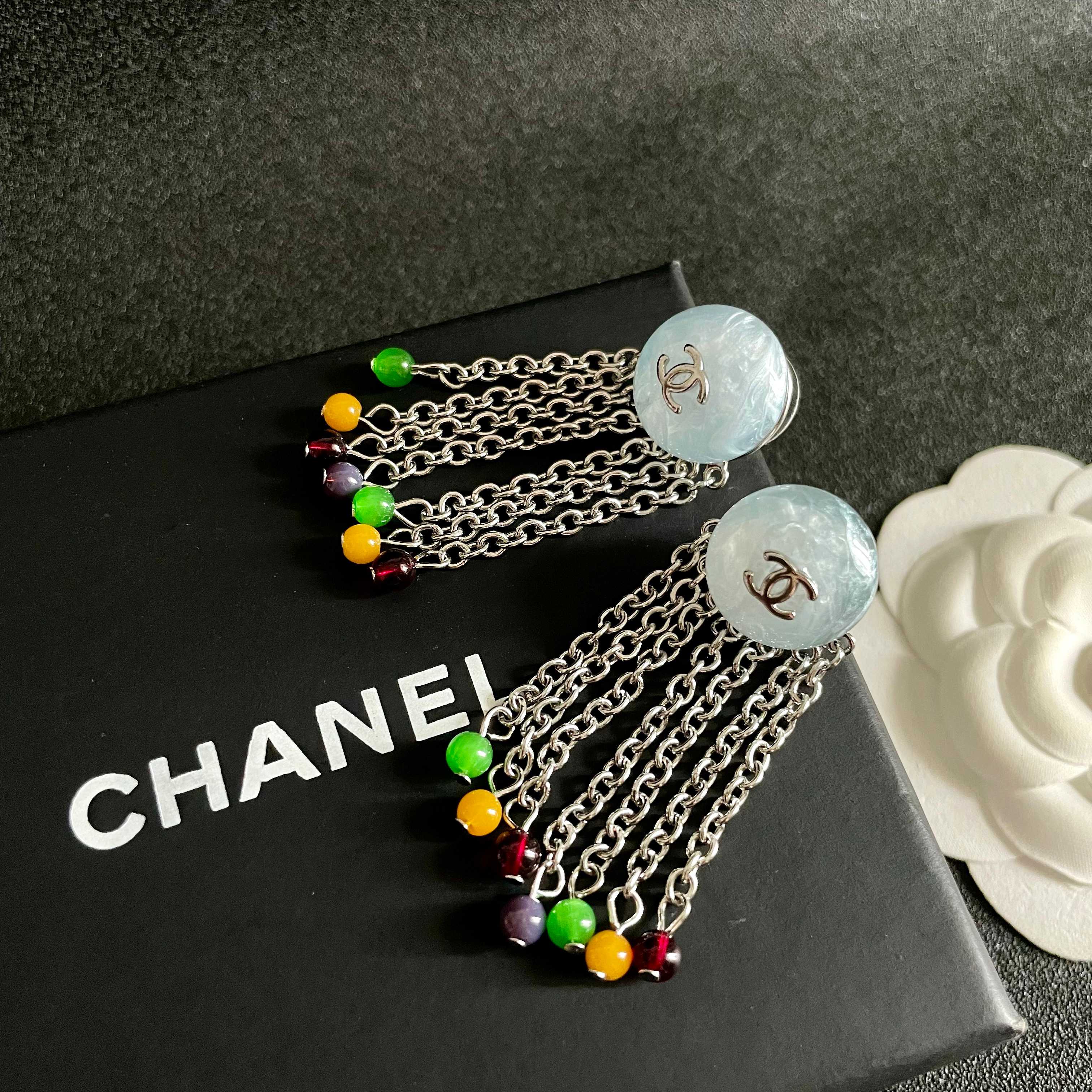 Chanel CC Logo Multicolor Bead Chain Fringe Drop Earrings earrings Silver-tone metal pale blue marbled resin multicolor green yellow burgundy purple accent beads Approximately 4 5cm drop length