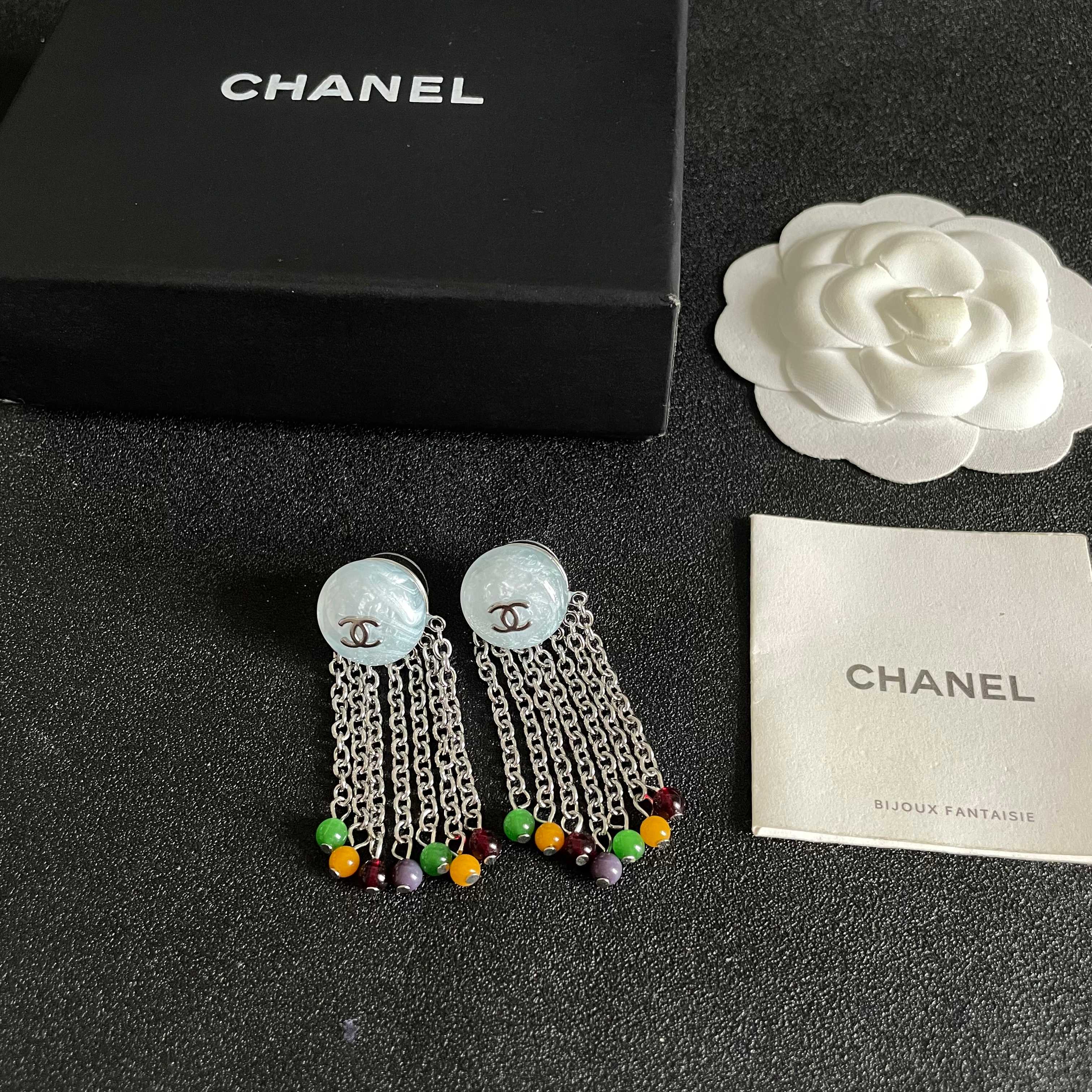 Chanel CC Logo Multicolor Bead Chain Fringe Drop Earrings earrings Silver-tone metal pale blue marbled resin multicolor green yellow burgundy purple accent beads Approximately 4 5cm drop length